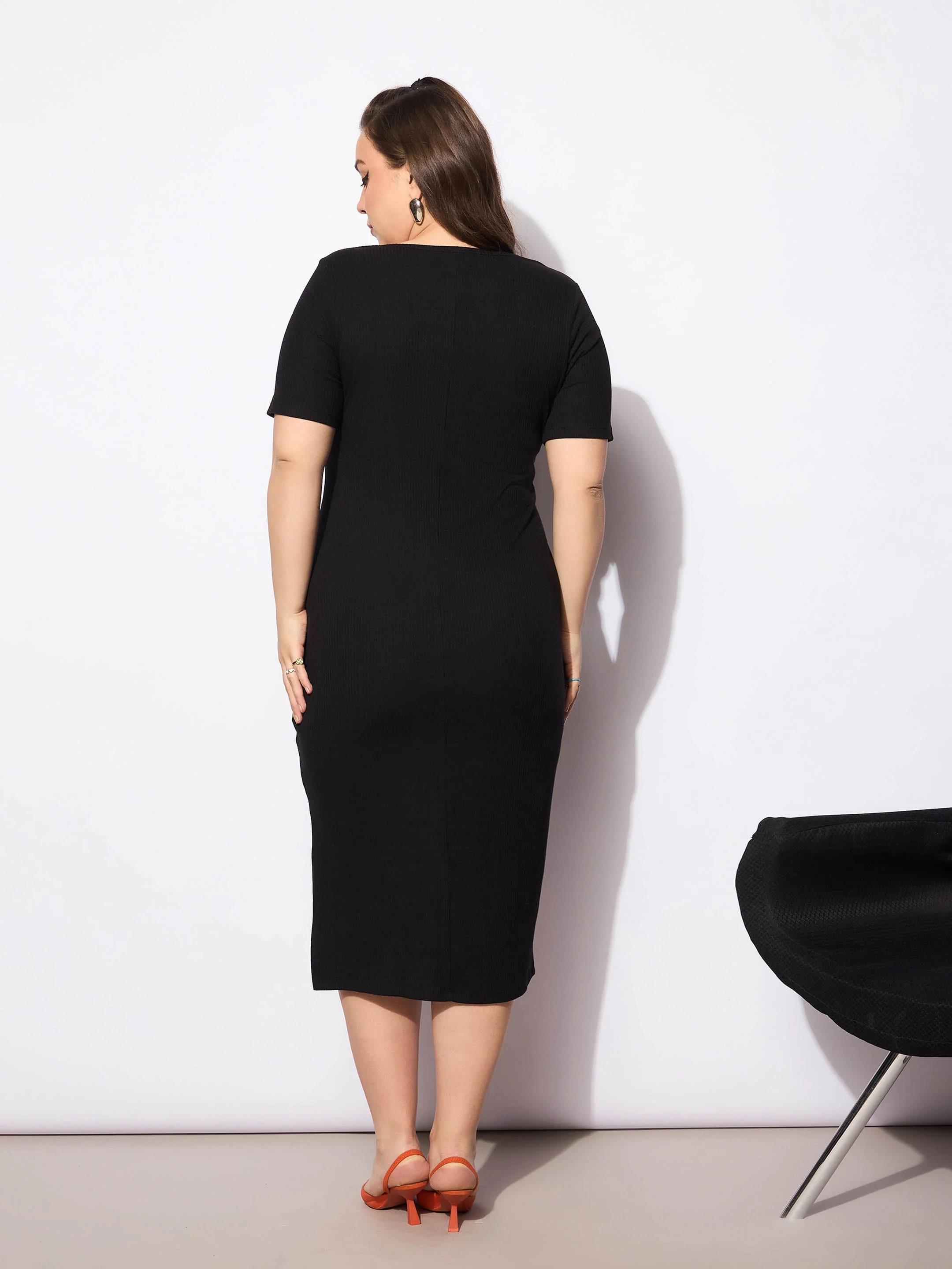 Women Black Rib Square Neck Short Sleeves Midi Dress - Image 5