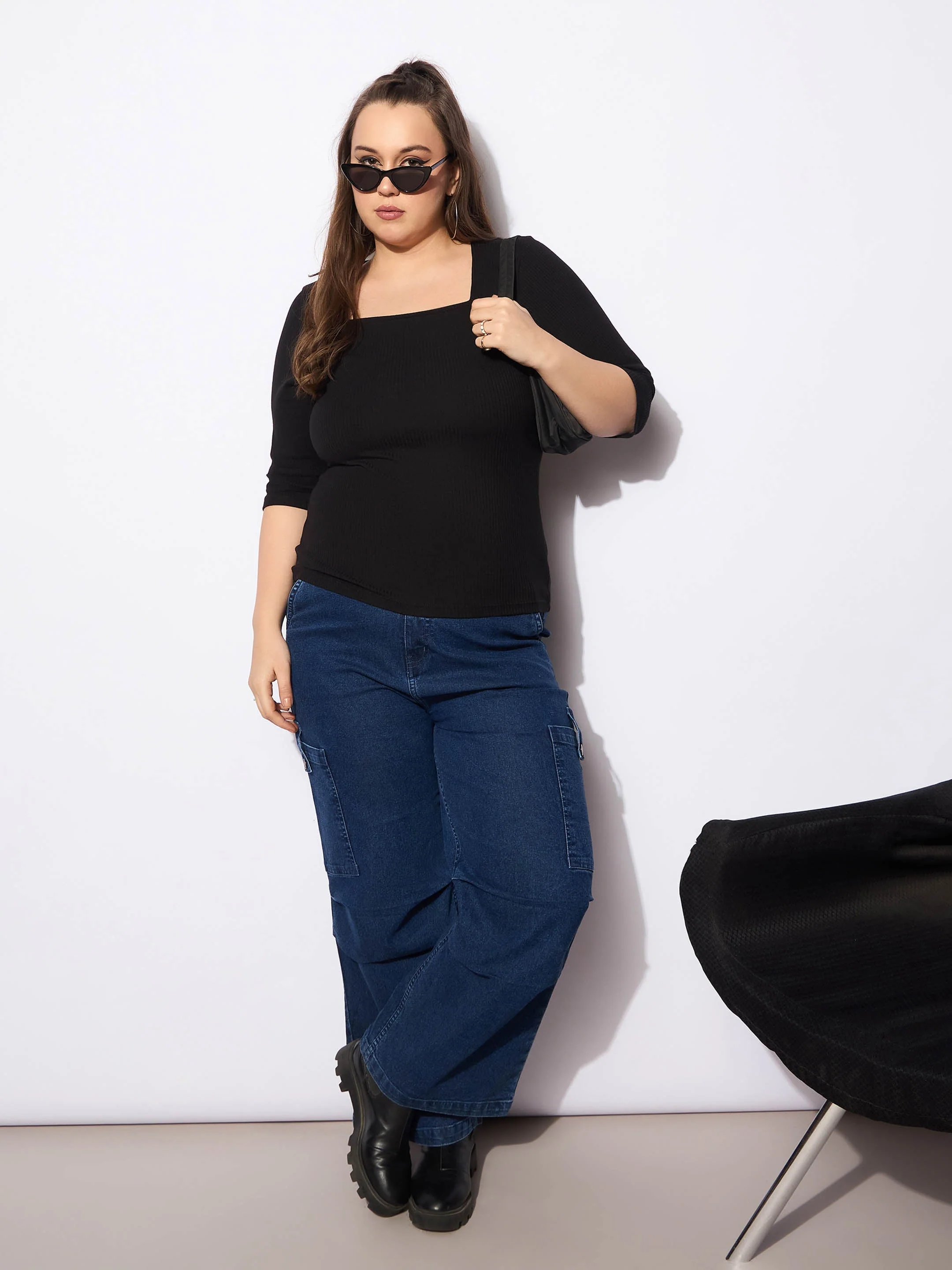 Women Black Rib Square Neck Top - Image 2