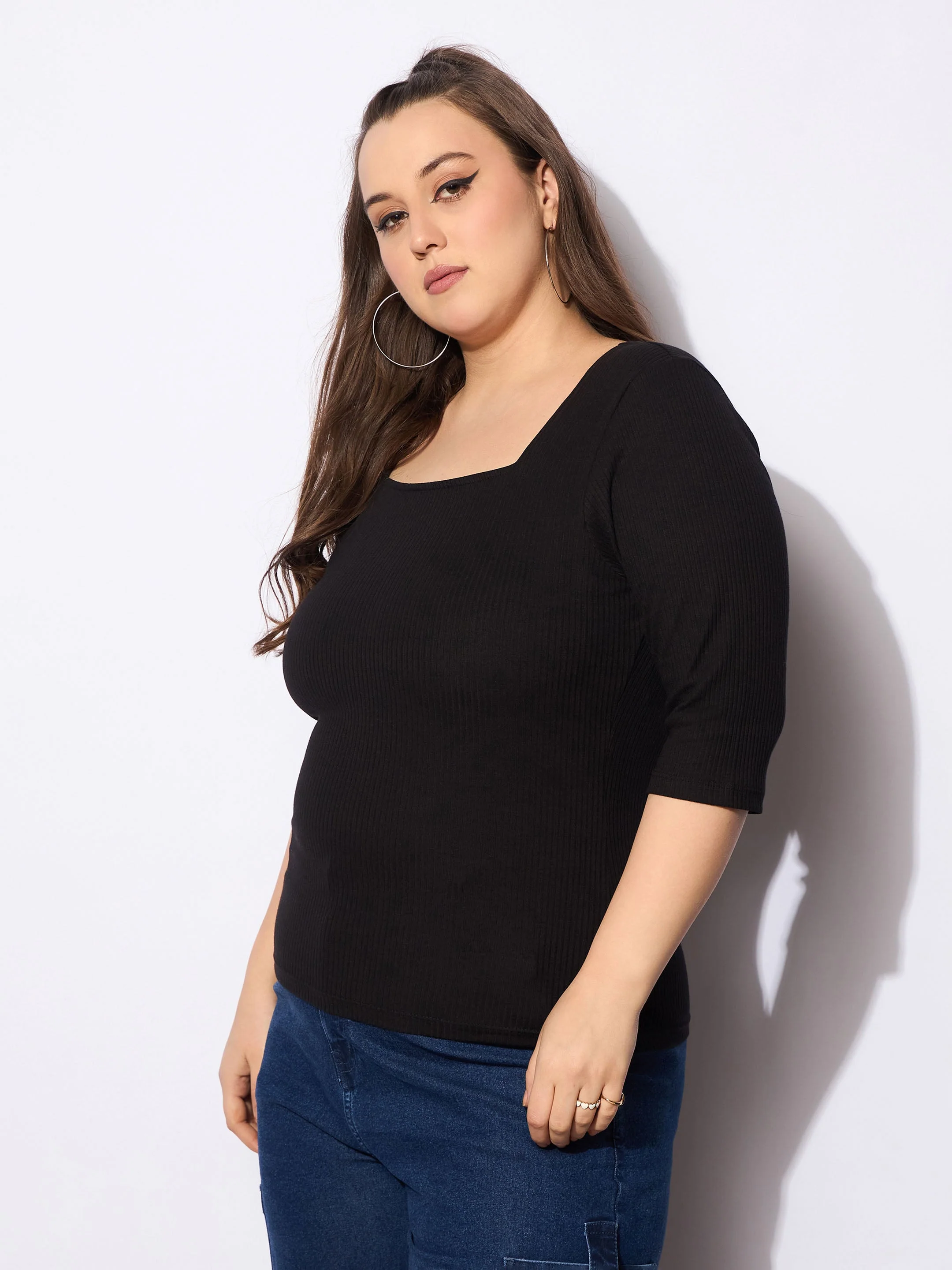 Women Black Rib Square Neck Top - Image 3