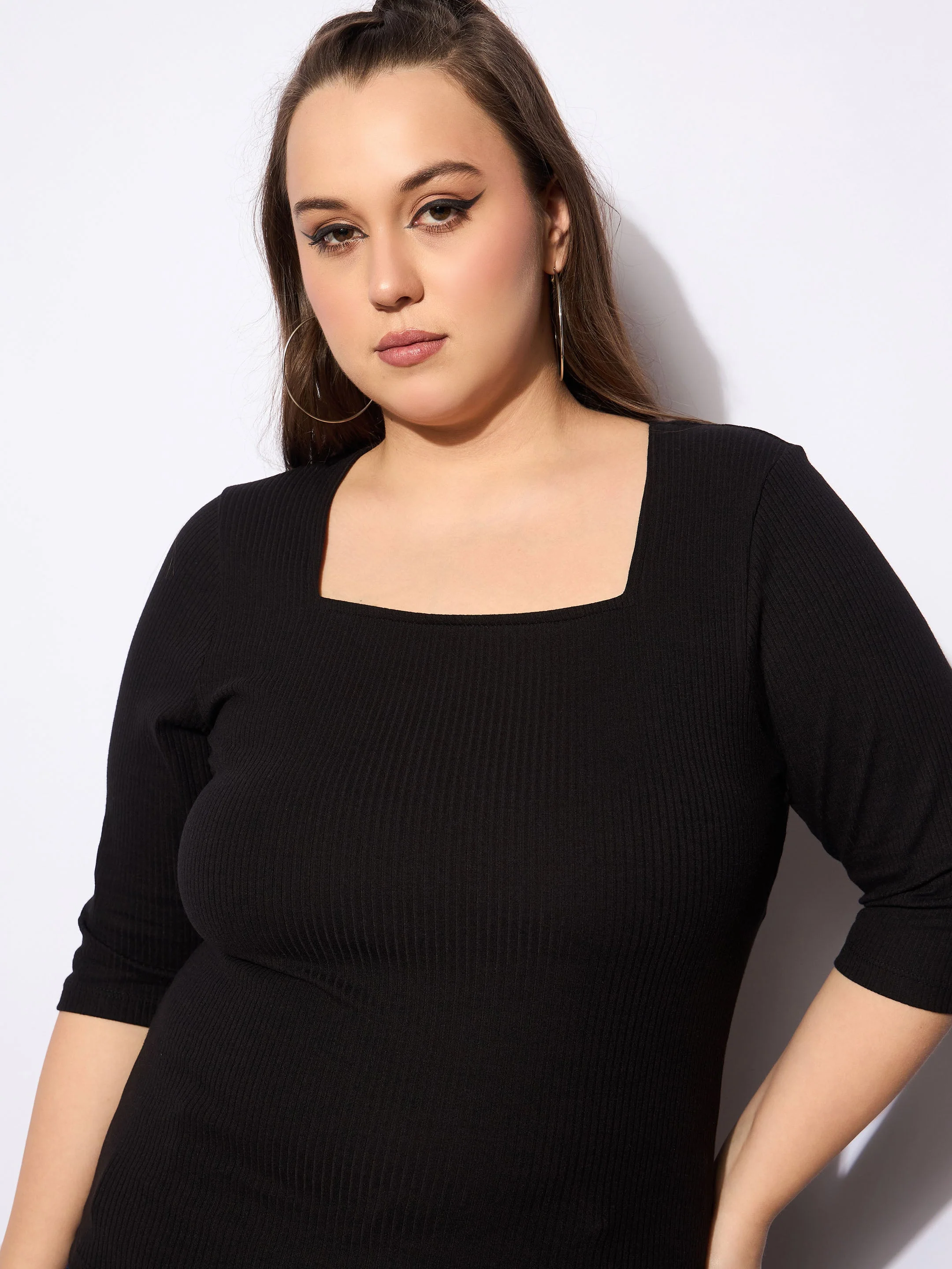 Women Black Rib Square Neck Top - Image 4