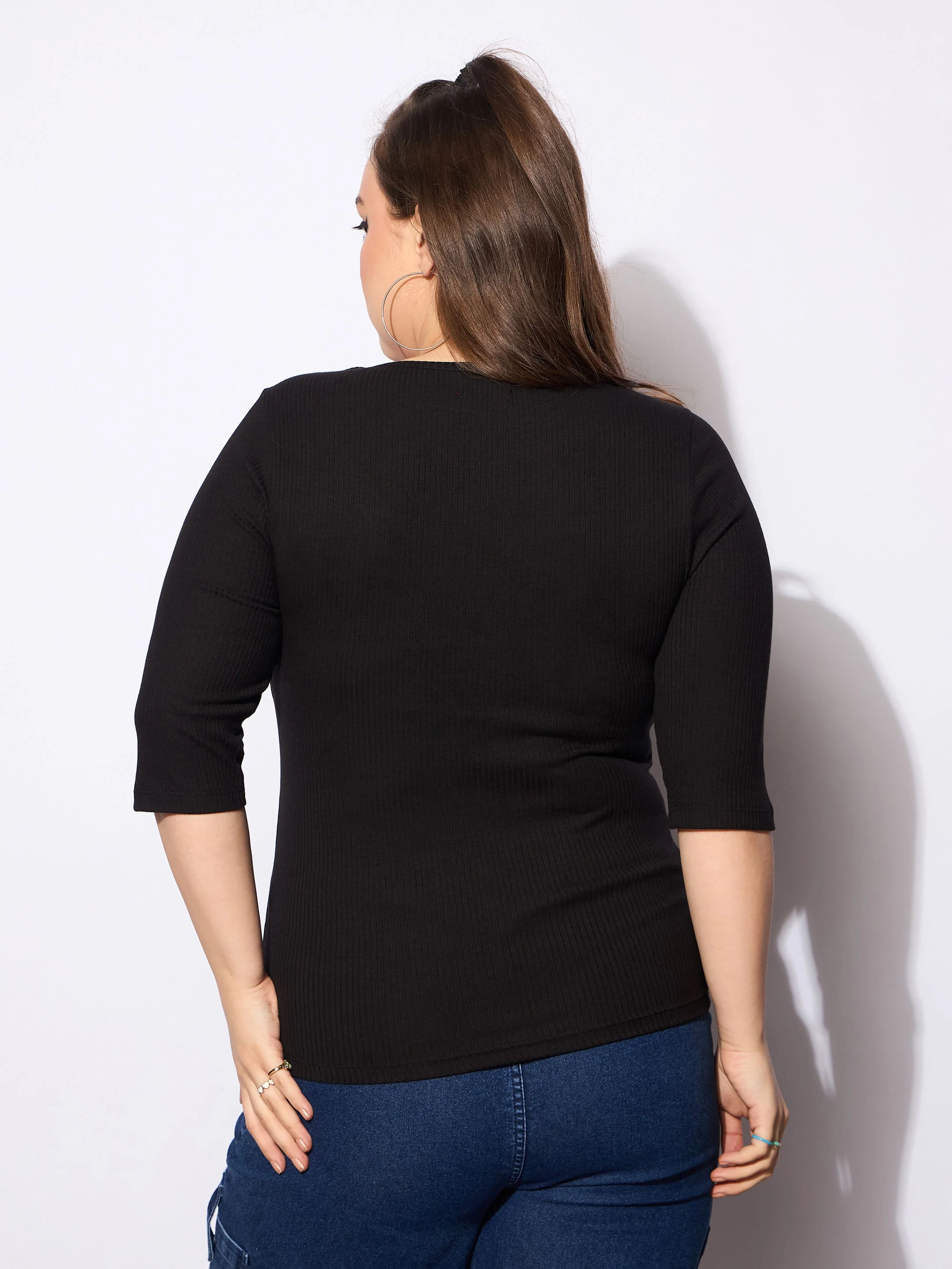 Women Black Rib Square Neck Top - Image 5