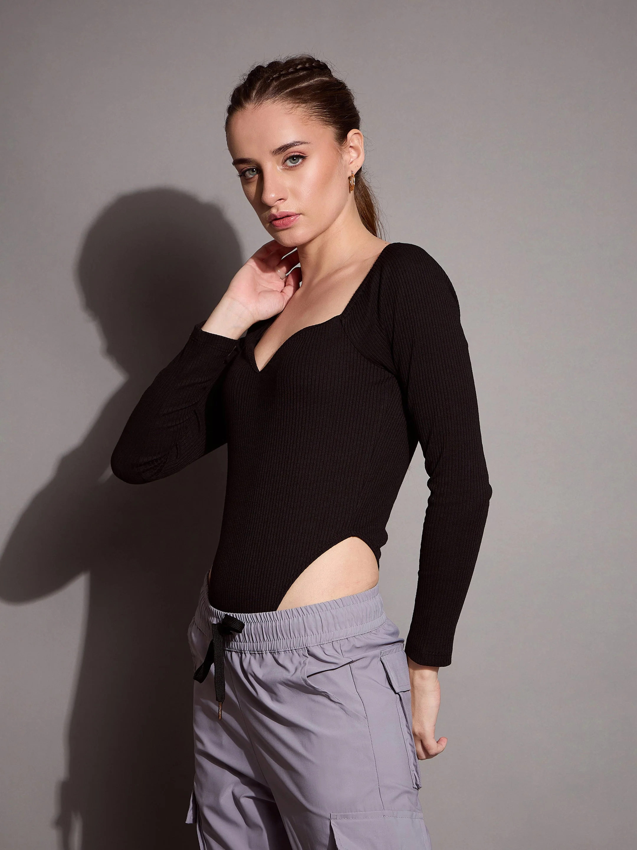 Women Black Rib Sweetheart Neck Bodysuit - Image 3