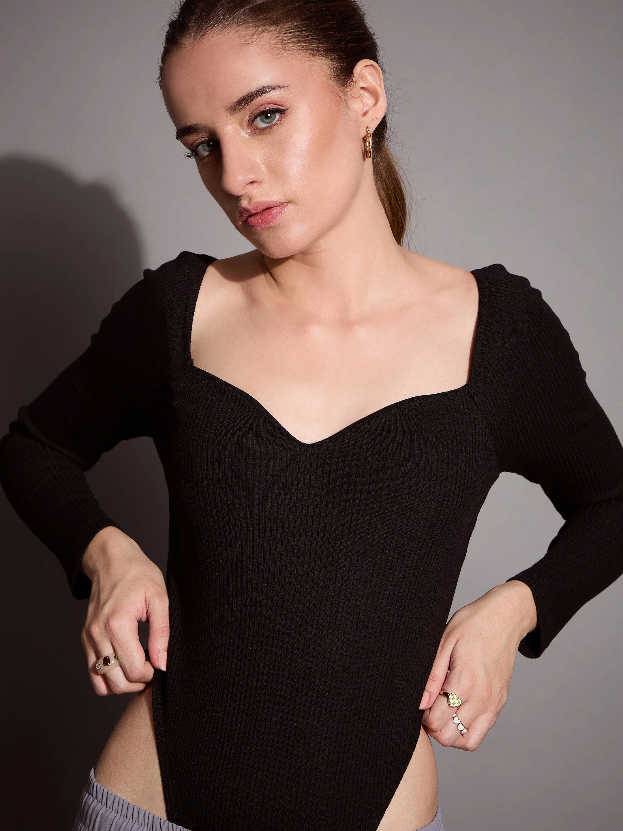Women Black Rib Sweetheart Neck Bodysuit - Image 4