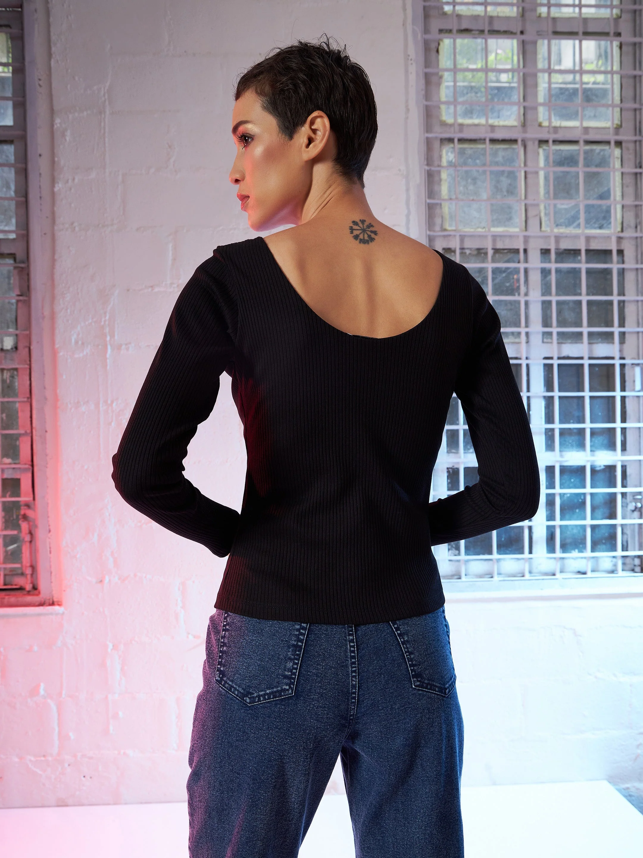 Women Black  Rib Top - Image 2