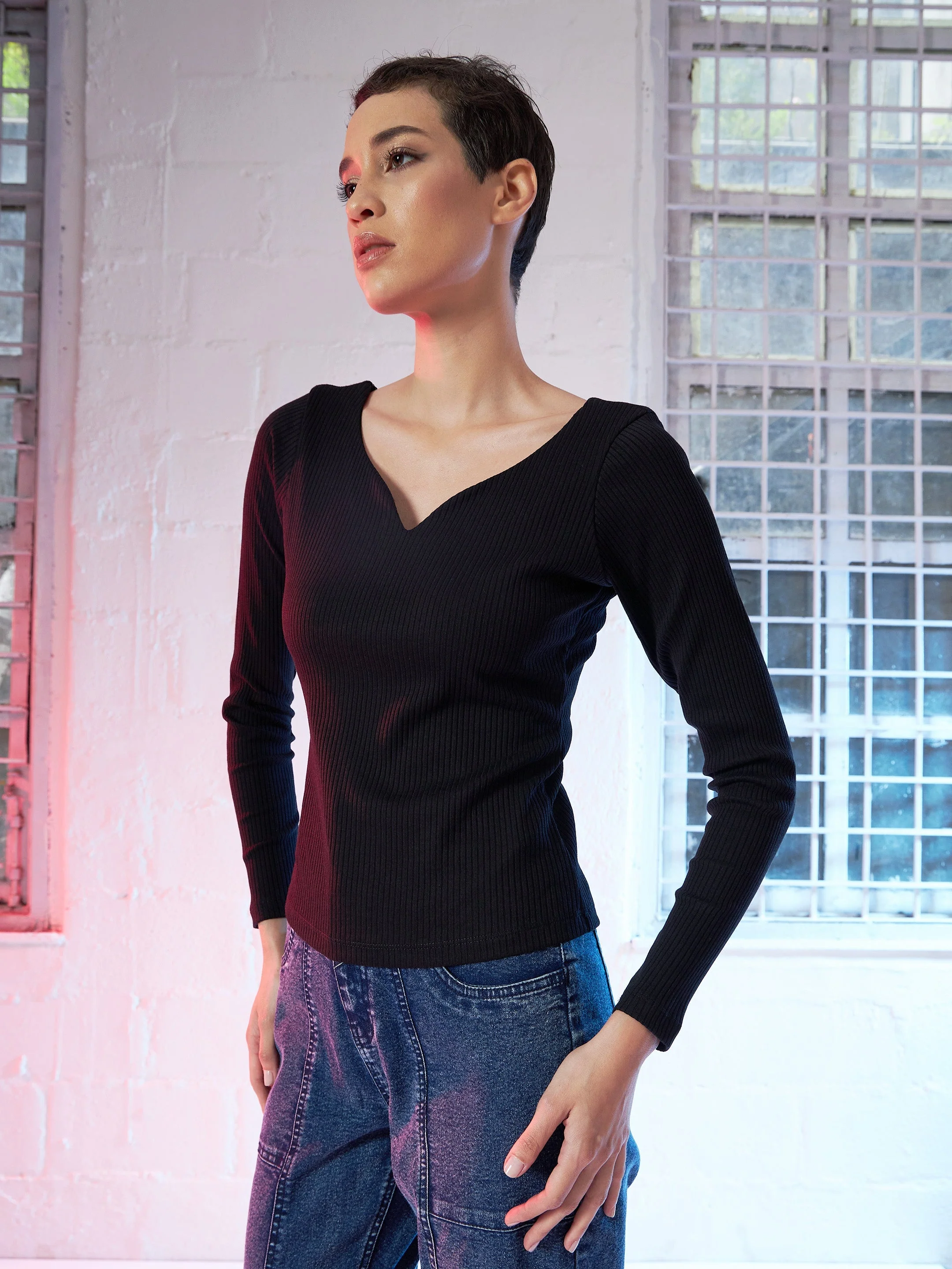 Women Black  Rib Top - Image 3