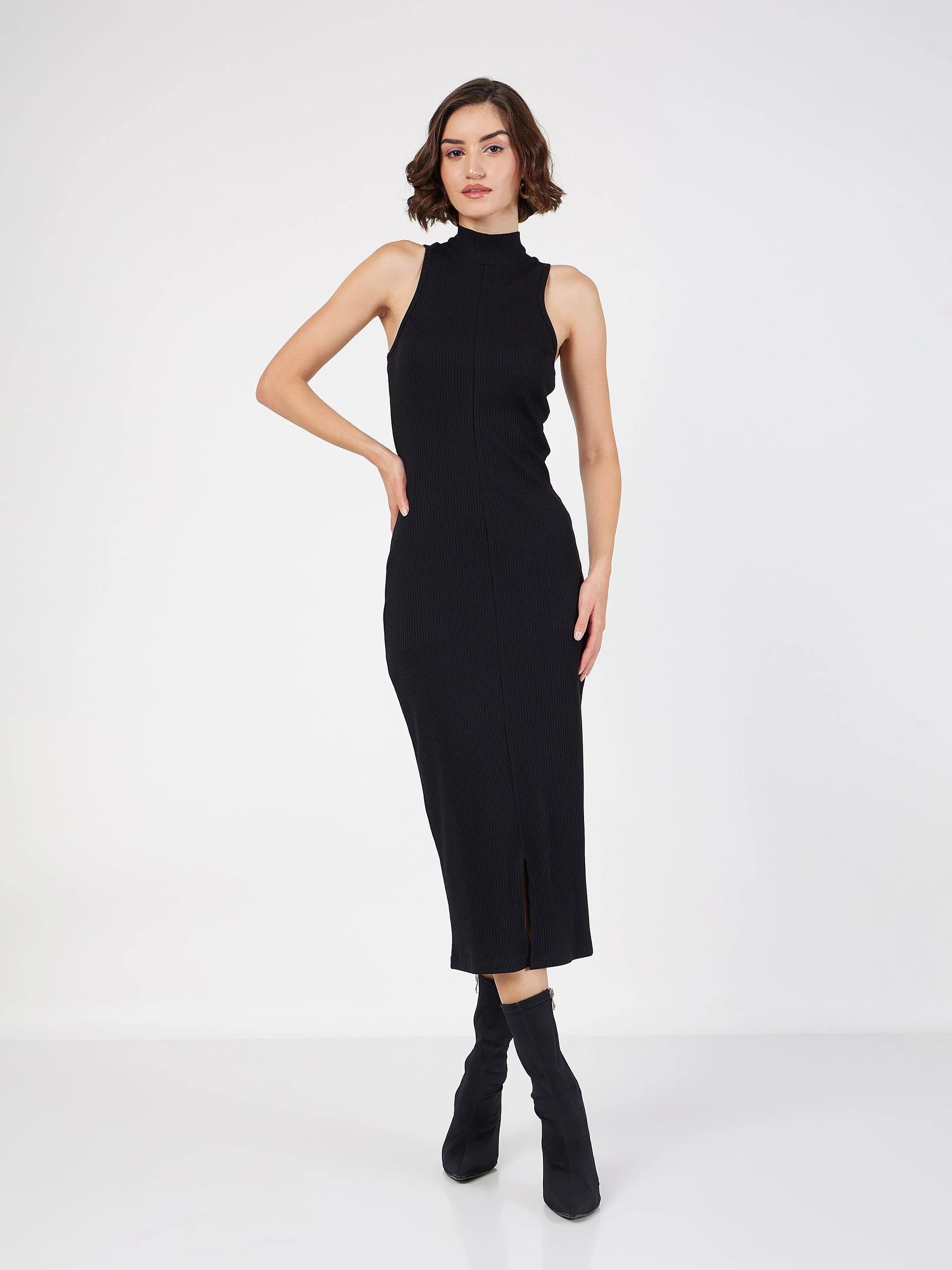 Women Black Rib Turtle Neck Sleeveless Midi Dress - Image 2