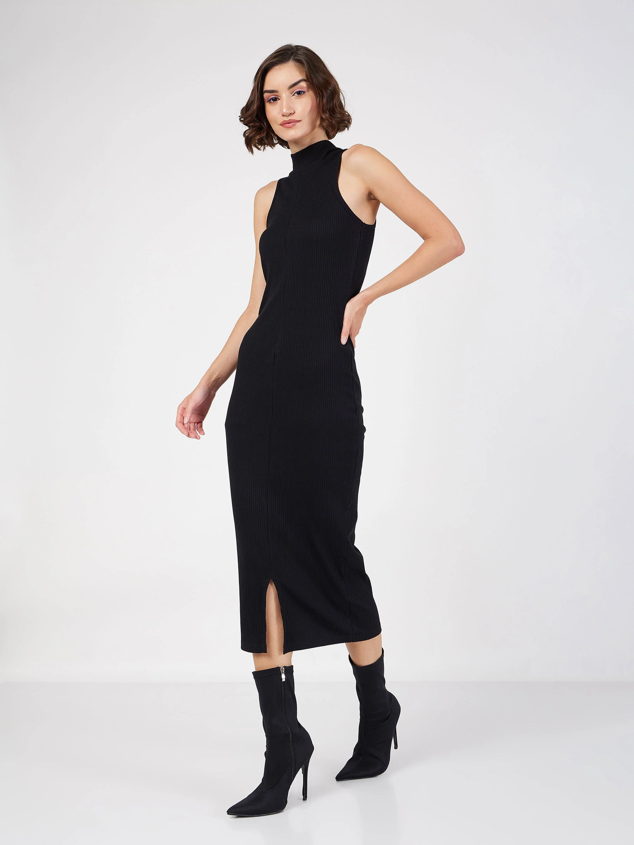 Women Black Rib Turtle Neck Sleeveless Midi Dress - Image 3