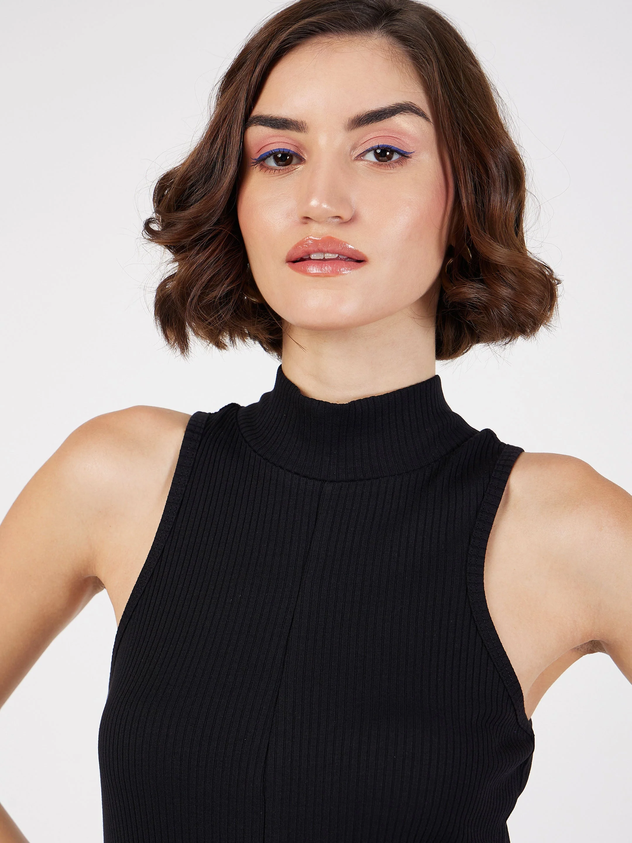 Women Black Rib Turtle Neck Sleeveless Midi Dress - Image 4