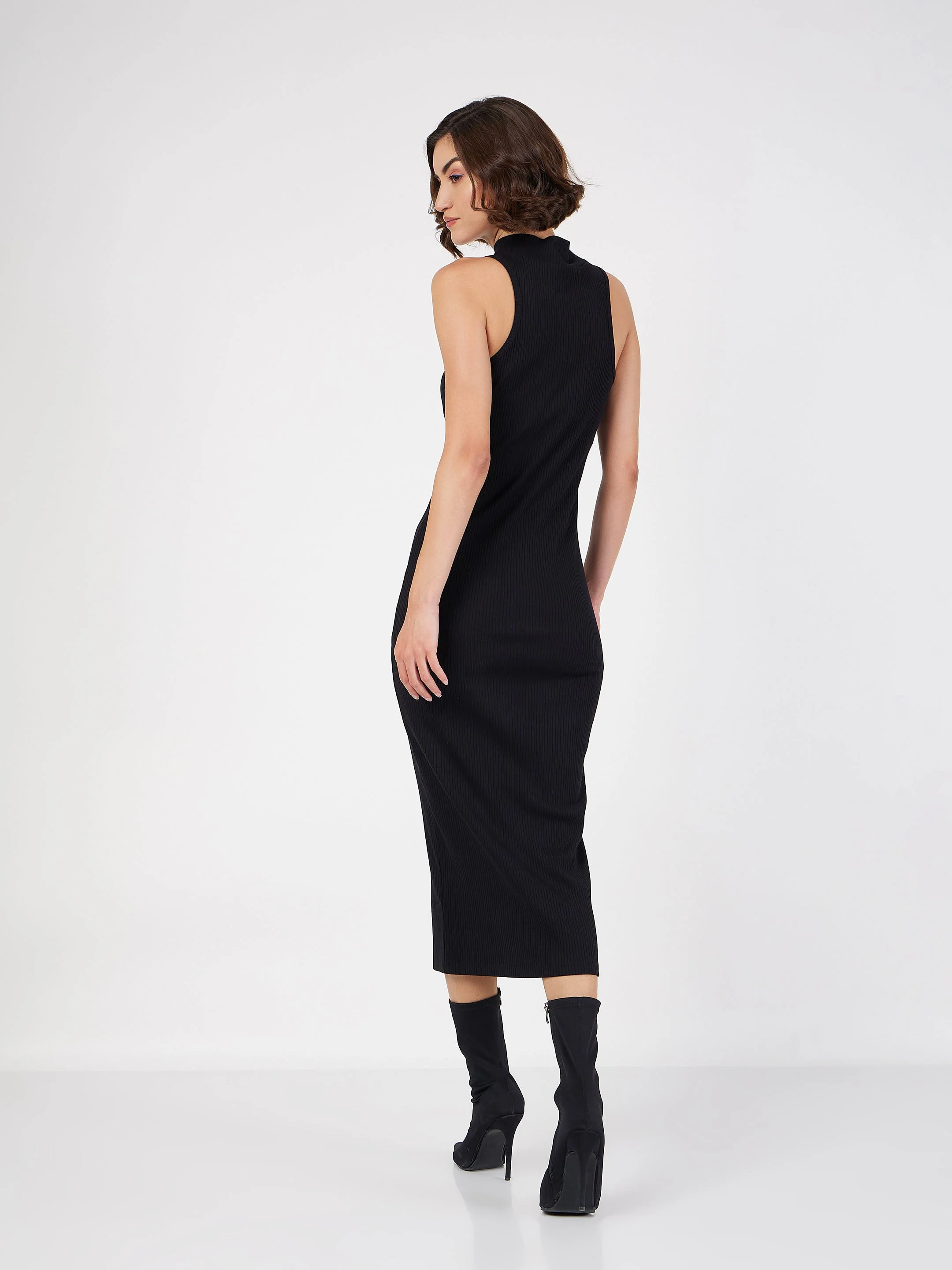 Women Black Rib Turtle Neck Sleeveless Midi Dress - Image 5