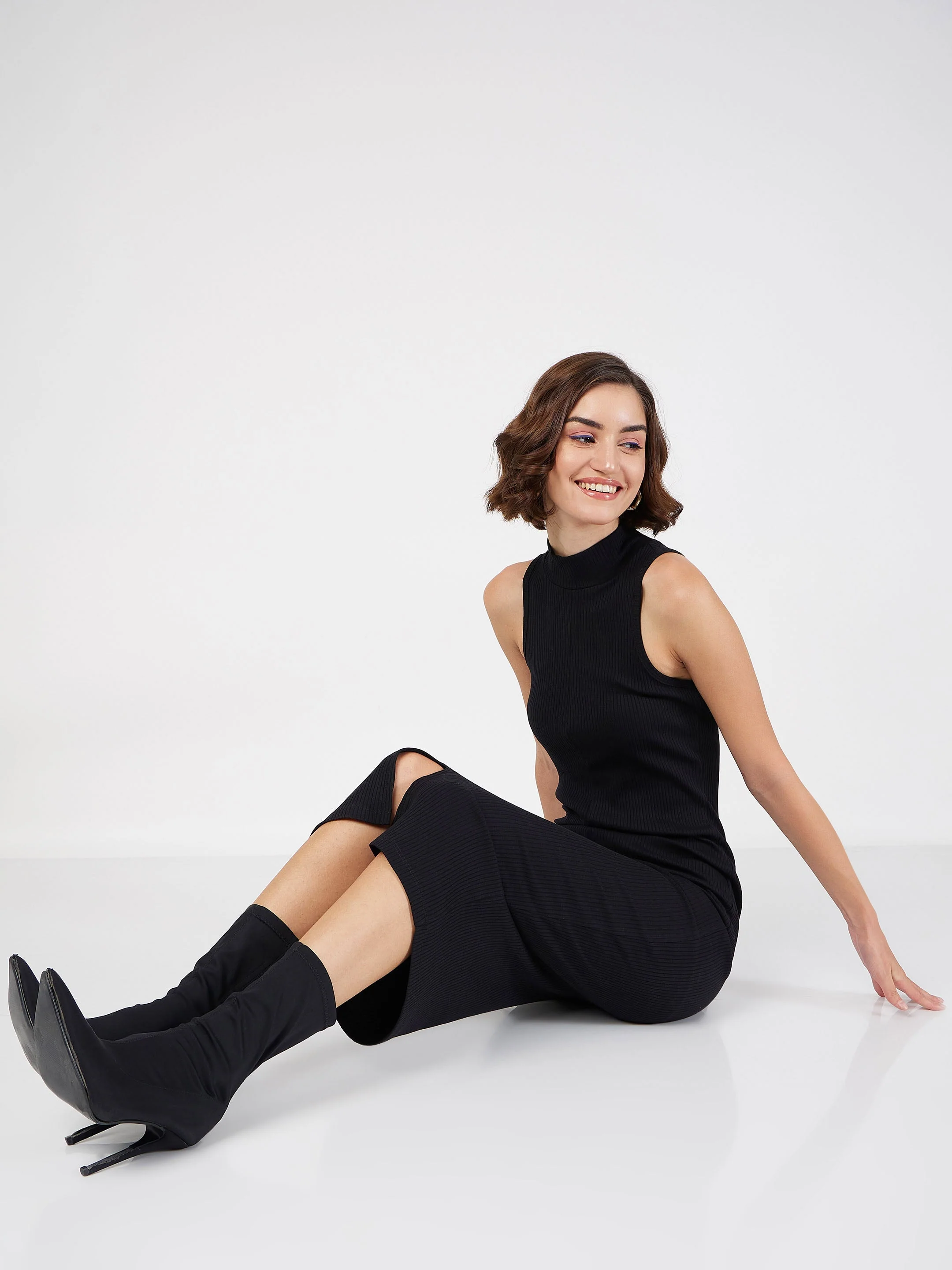 Women Black Rib Turtle Neck Sleeveless Midi Dress - Image 6