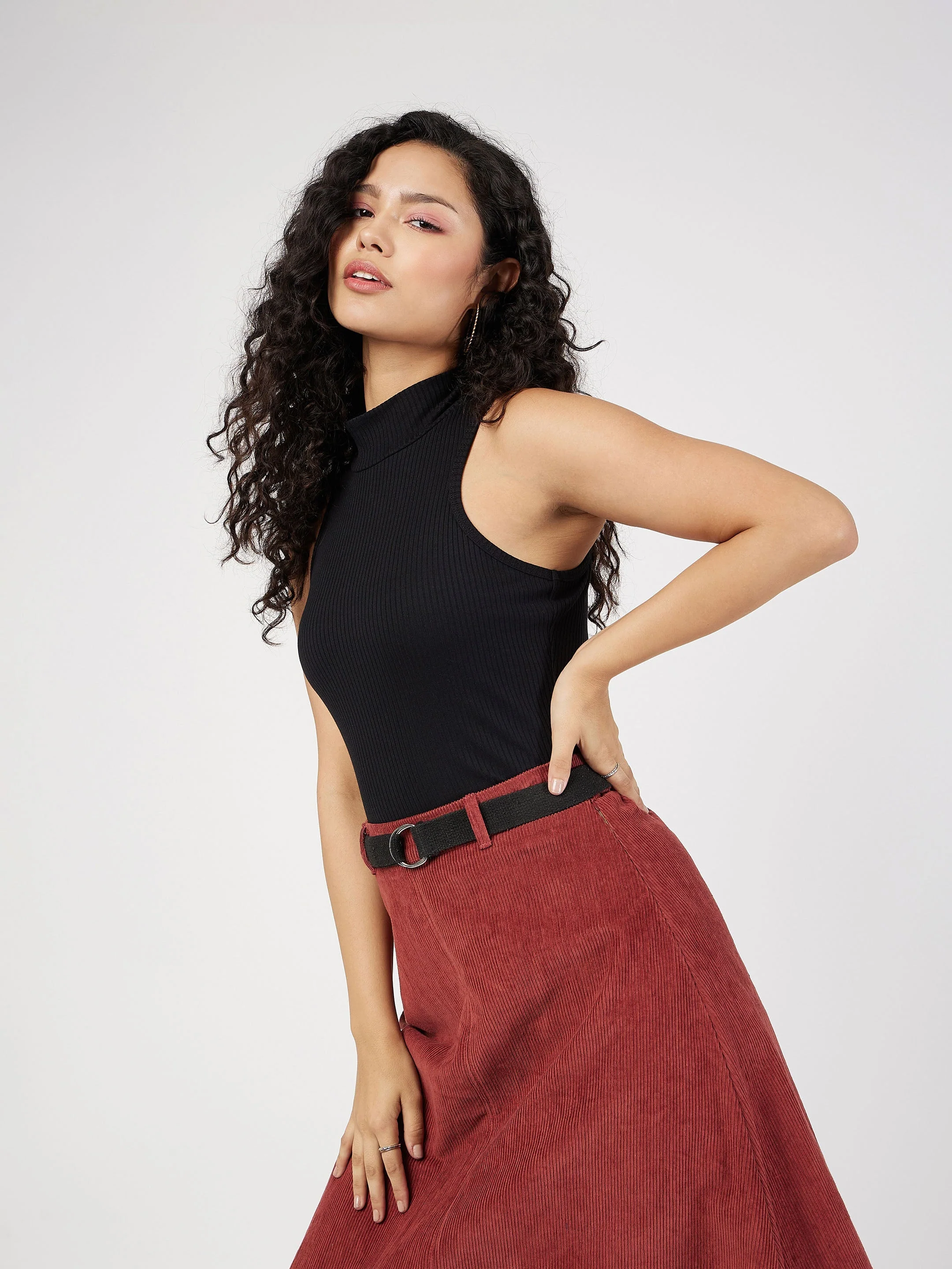 Women Black Rib Turtle Neck Sleeveless Top - Image 3