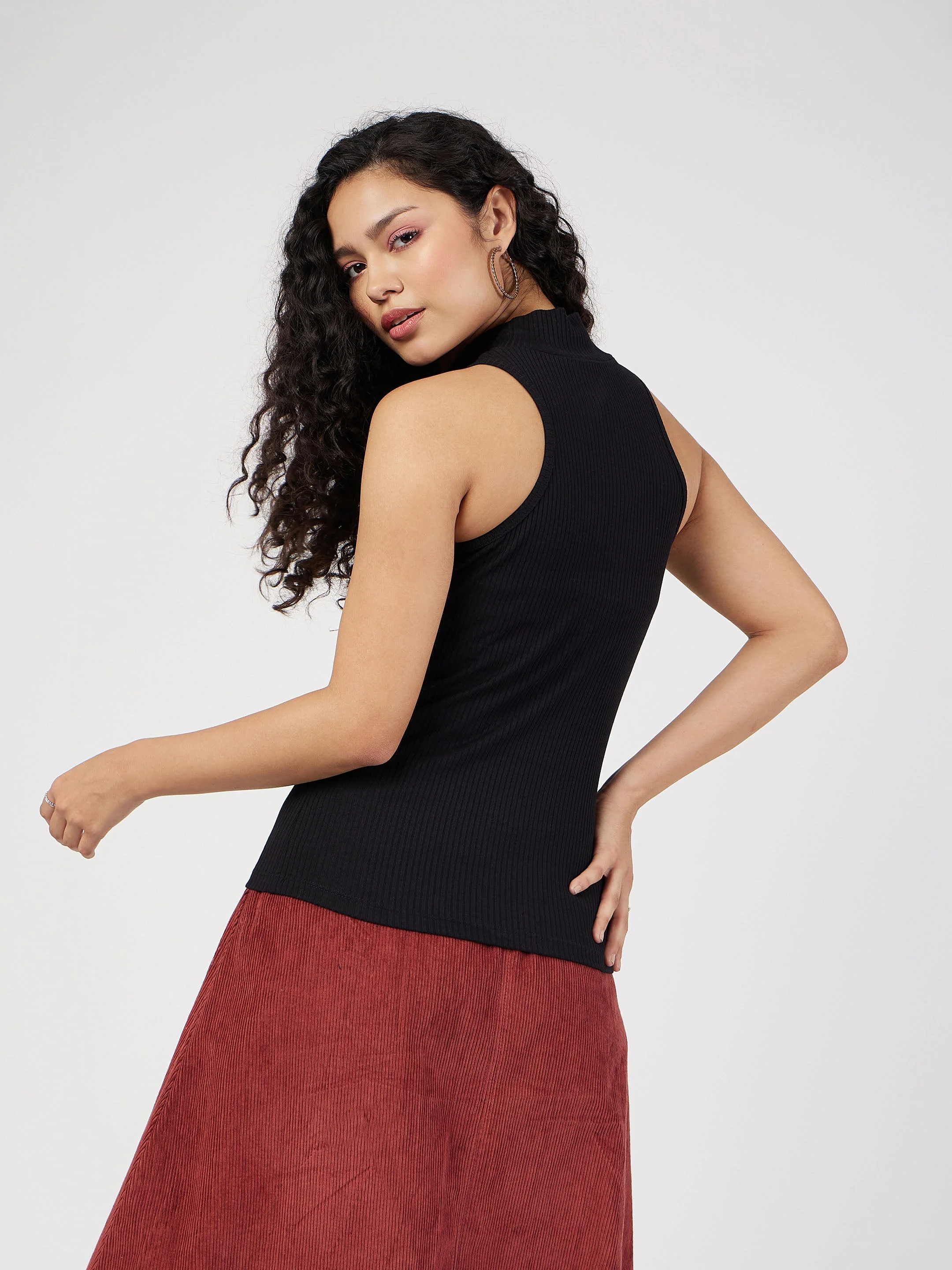 Women Black Rib Turtle Neck Sleeveless Top - Image 5