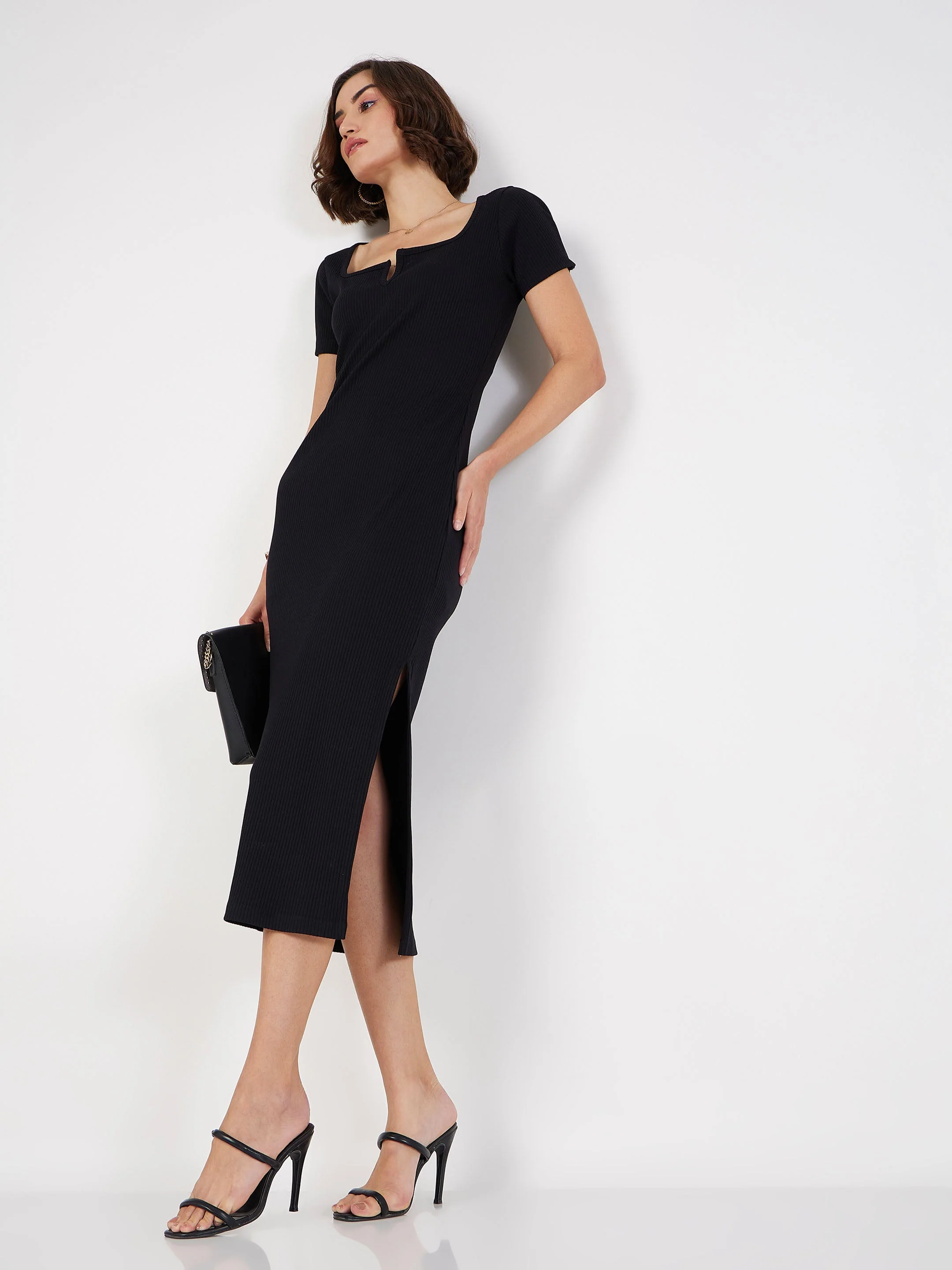 Women Black Rib V-Neck Midi Dress - Image 2