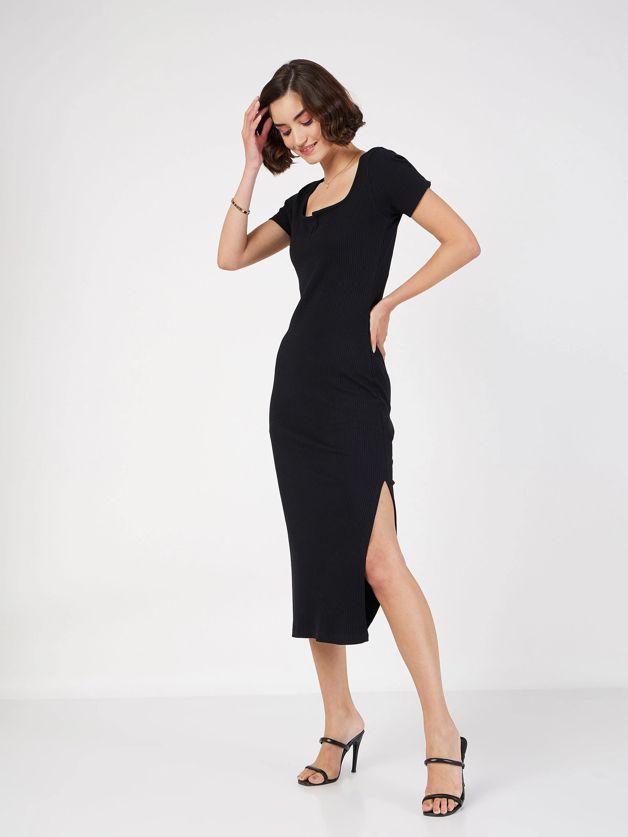 Women Black Rib V-Neck Midi Dress - Image 3