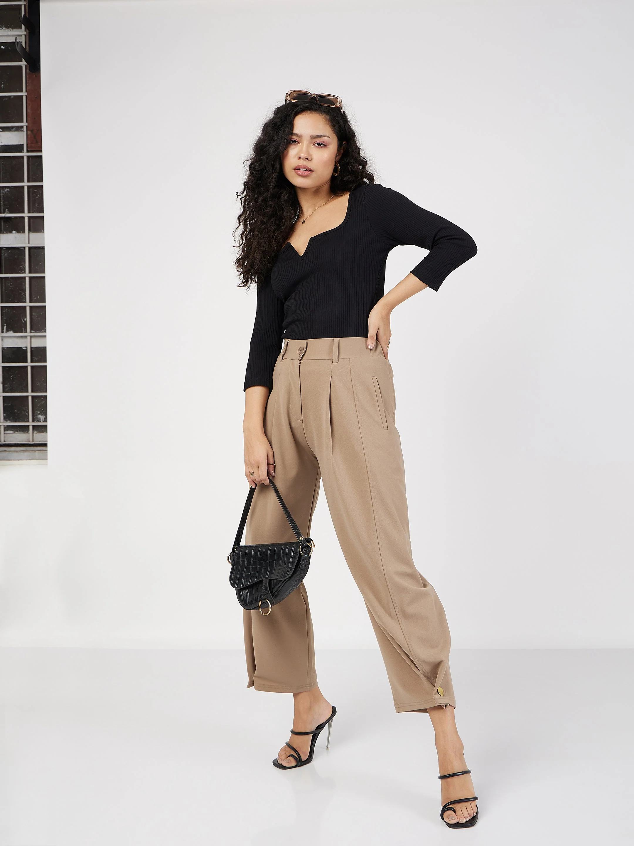 Women Black Rib V-Neck Top - Image 2