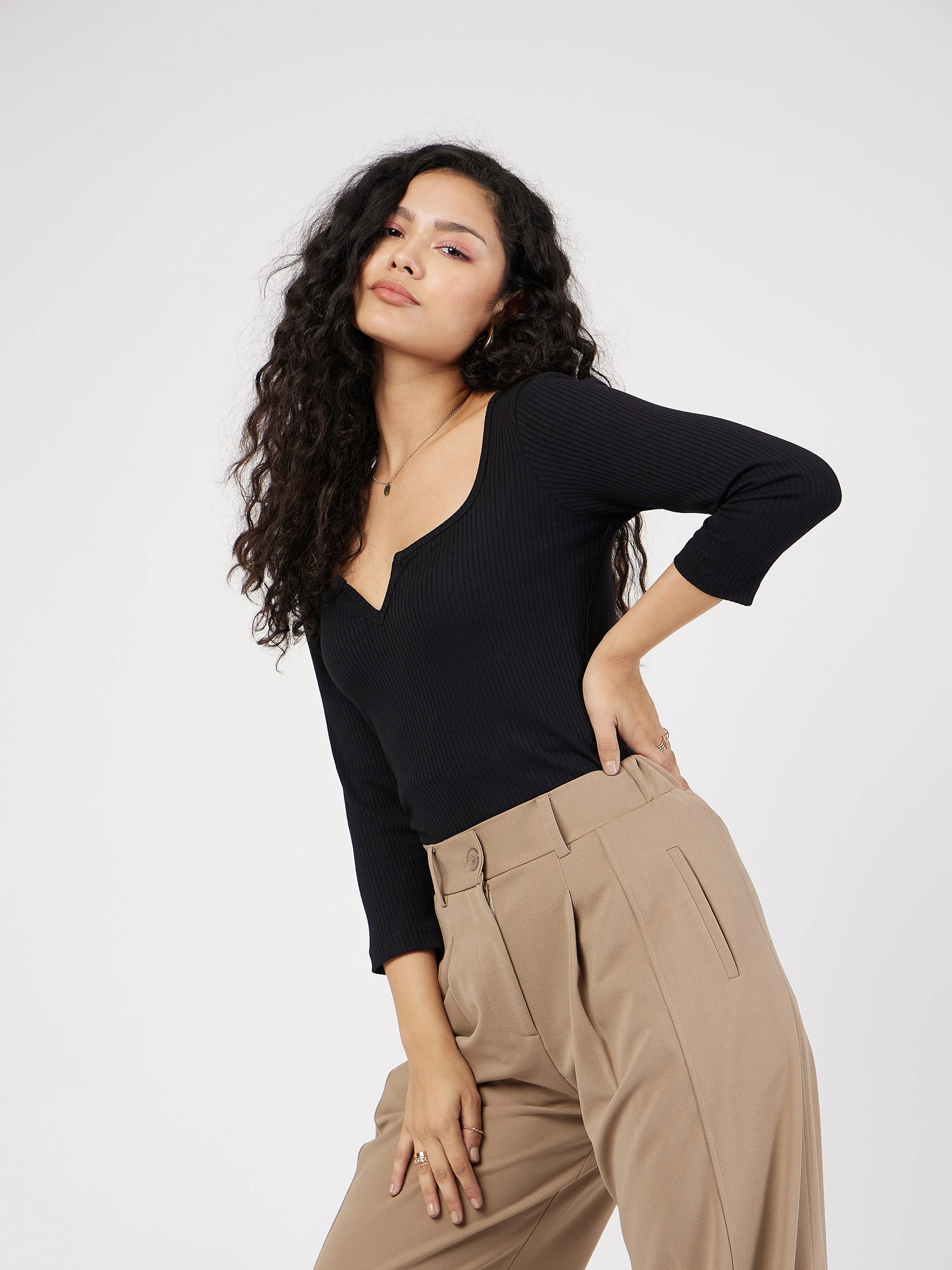 Women Black Rib V-Neck Top - Image 3