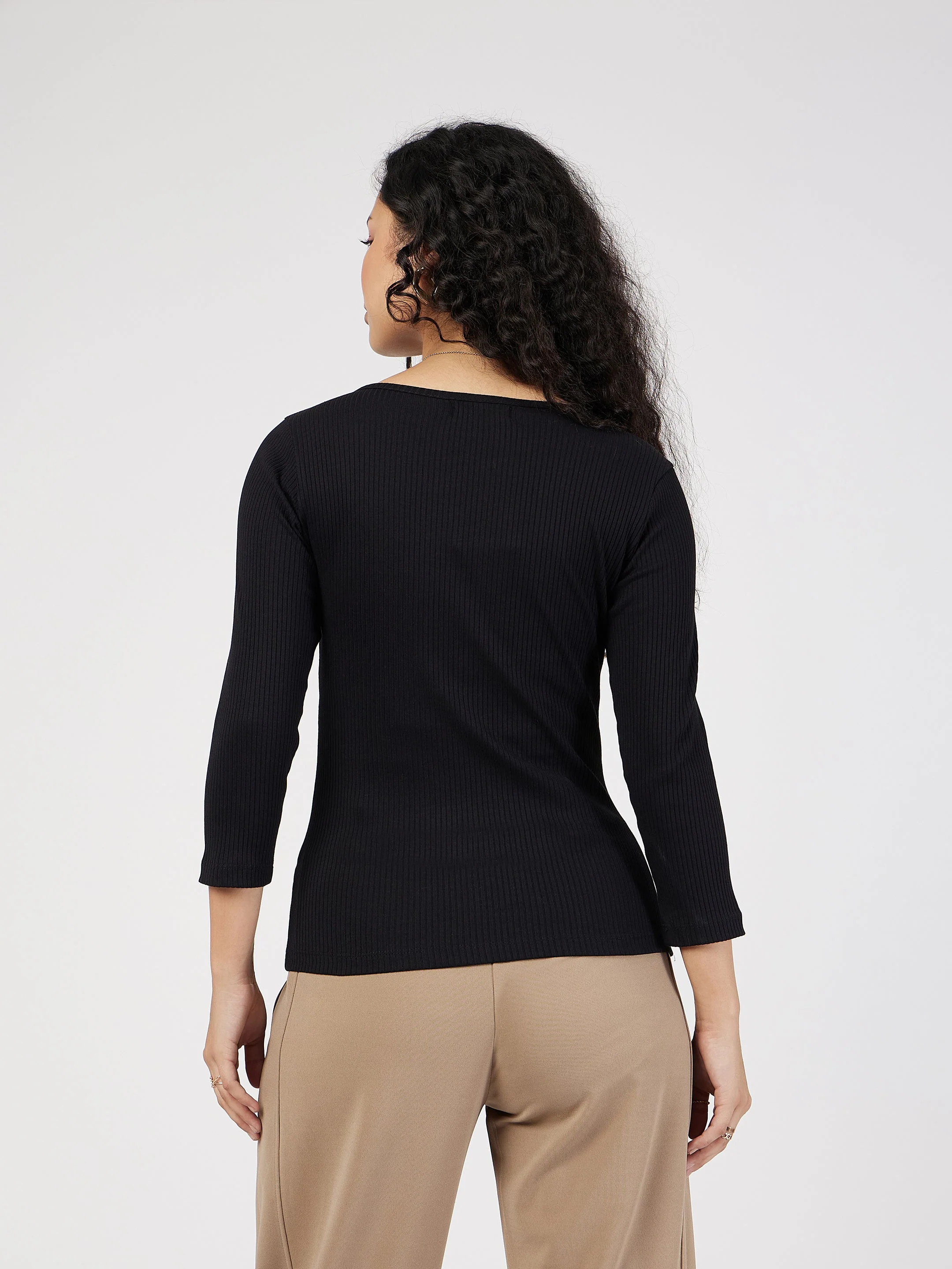 Women Black Rib V-Neck Top - Image 5
