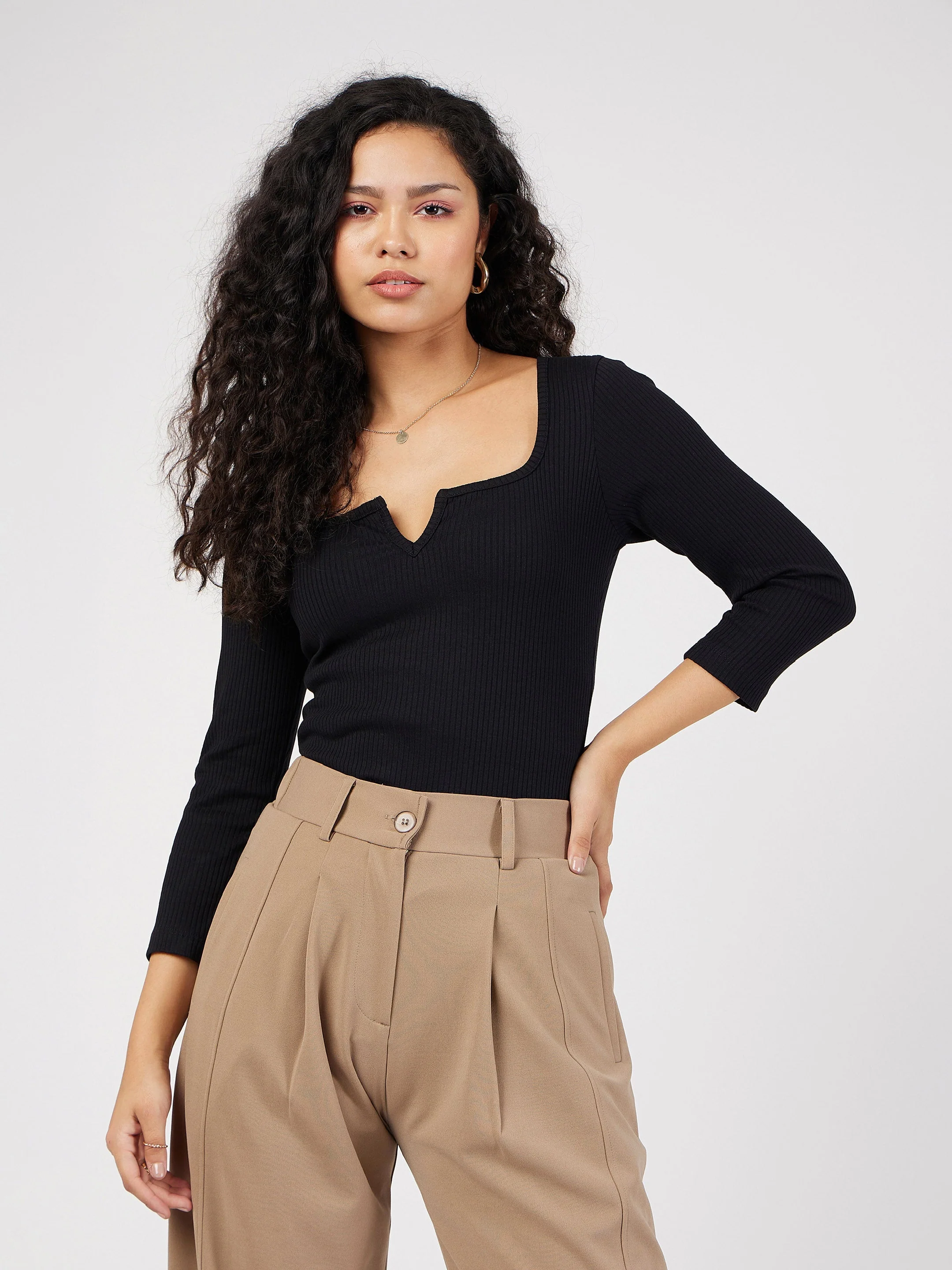 Women Black Rib V-Neck Top - Image 6
