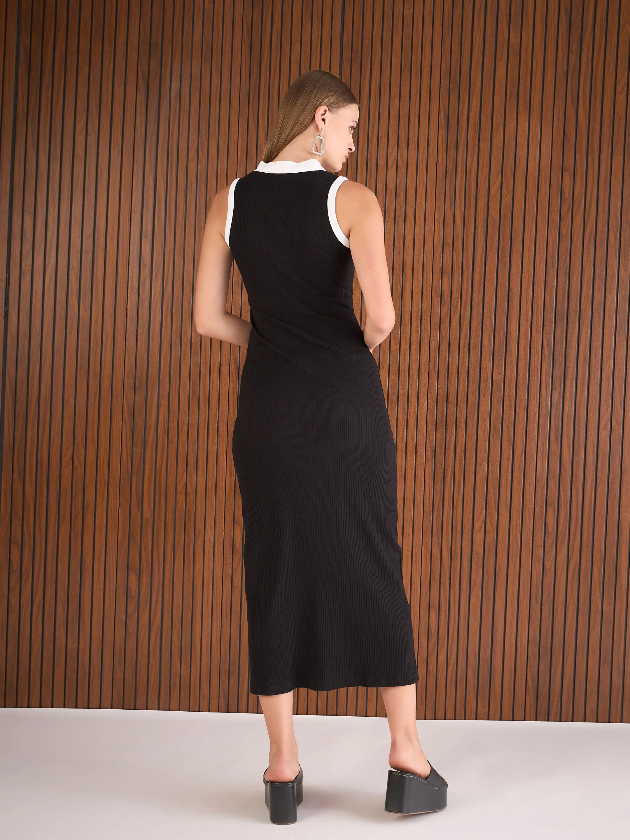 Women Black Rib With White Contrast Button Maxi Dress - Image 5
