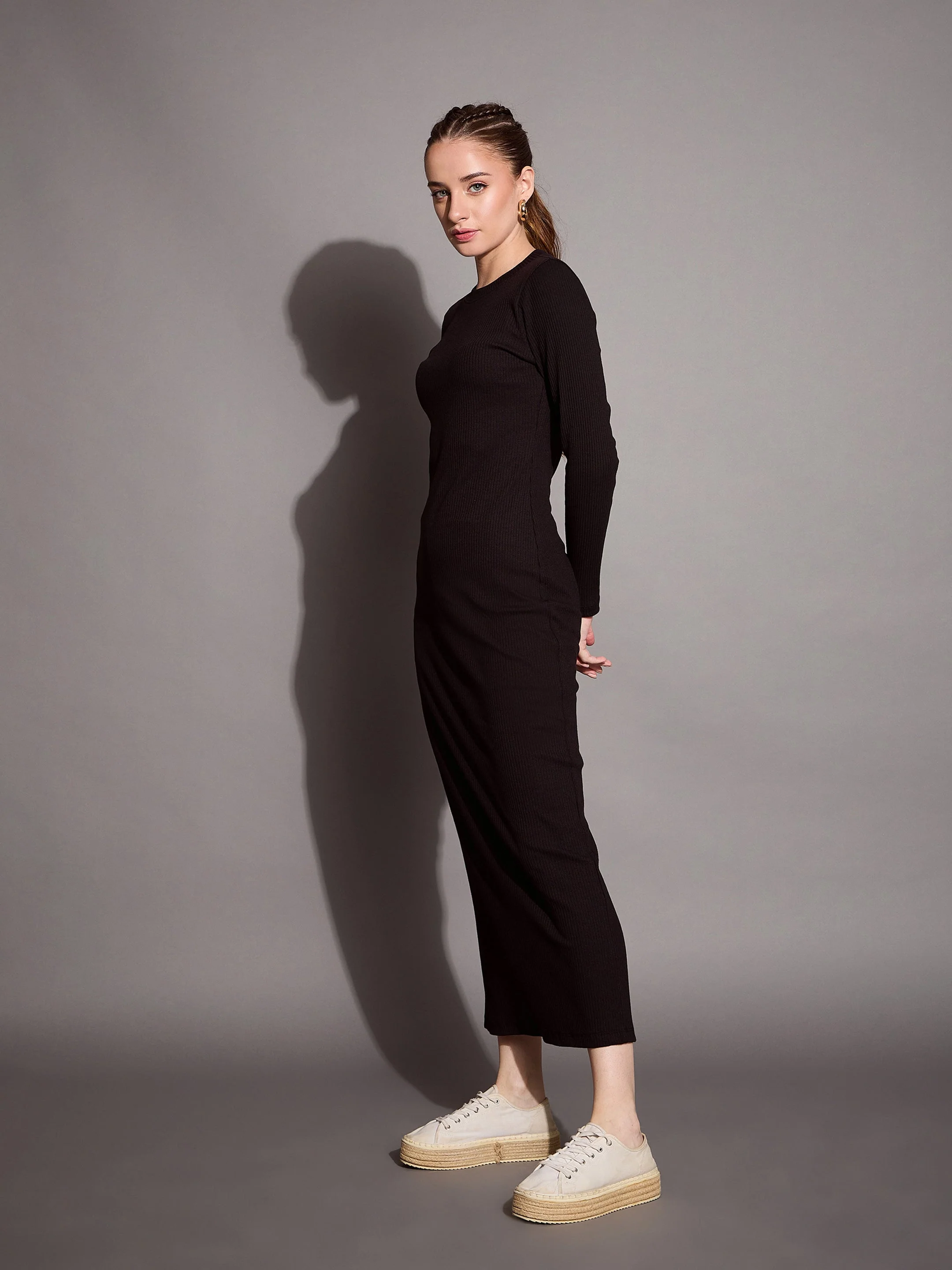 Women Black Ribbed Bodycon Maxi Dress - Image 3