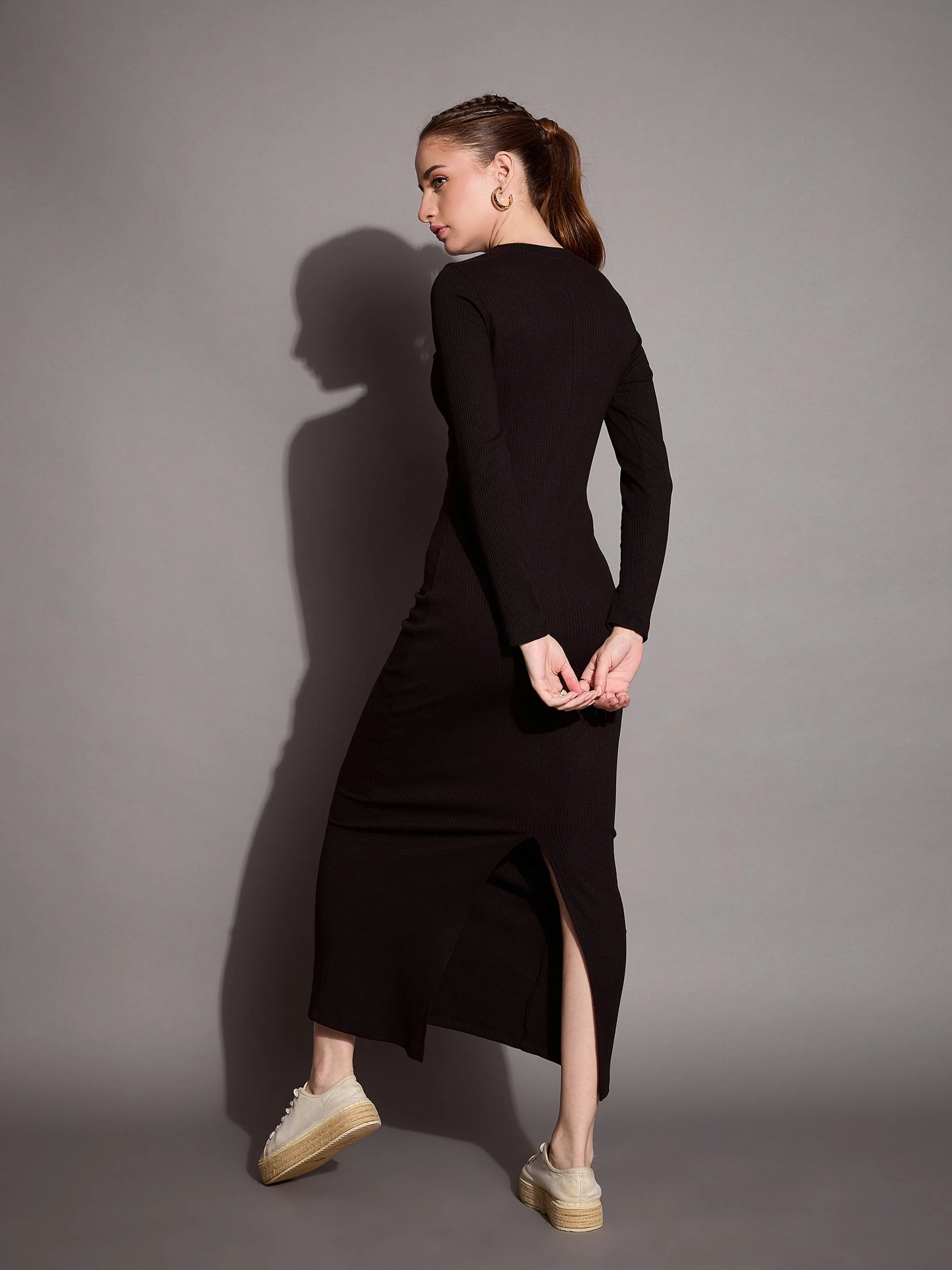 Women Black Ribbed Bodycon Maxi Dress - Image 5