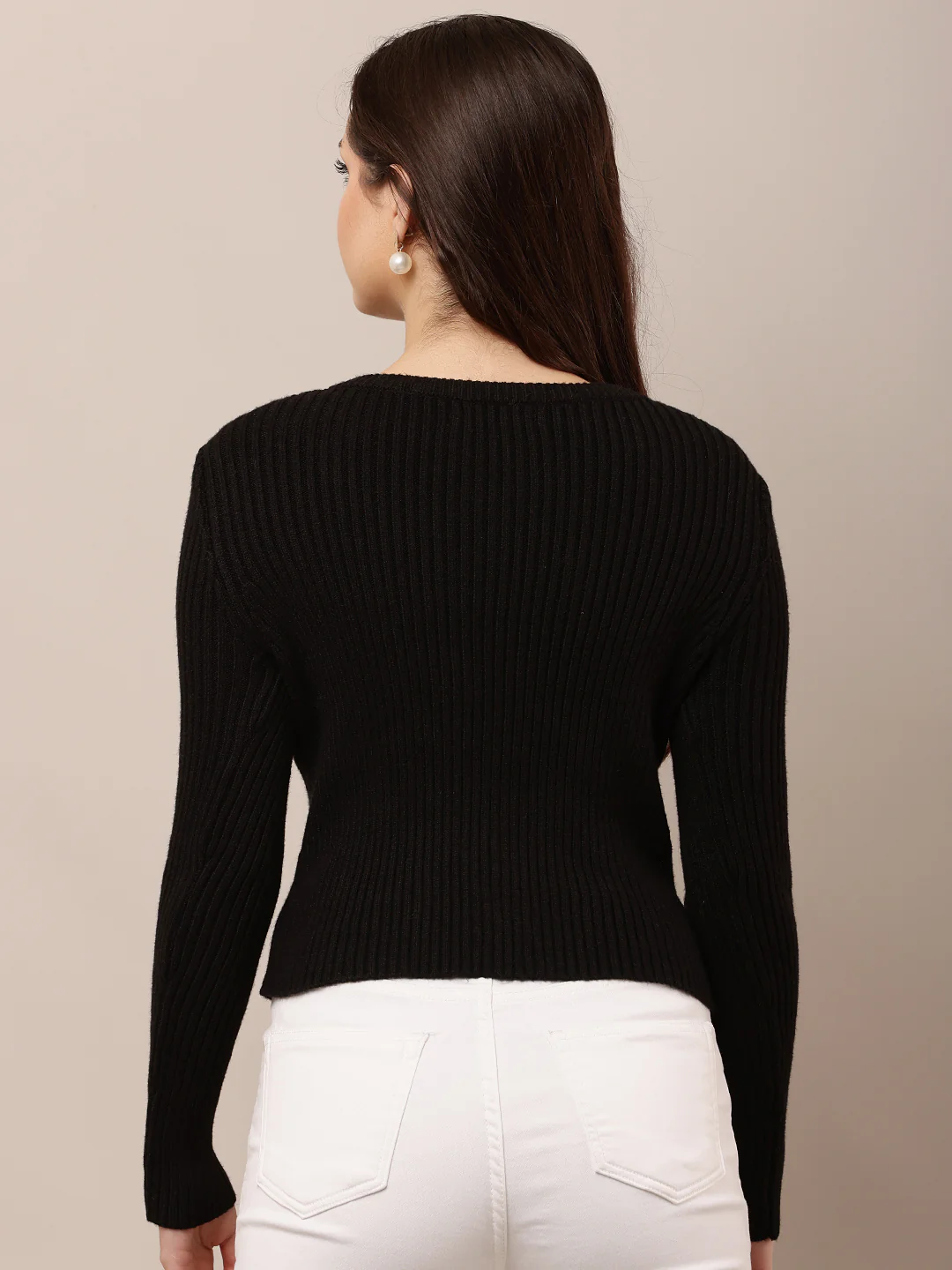Women Black Ribbed Round Neck Full Sleeve Sweater - Image 4