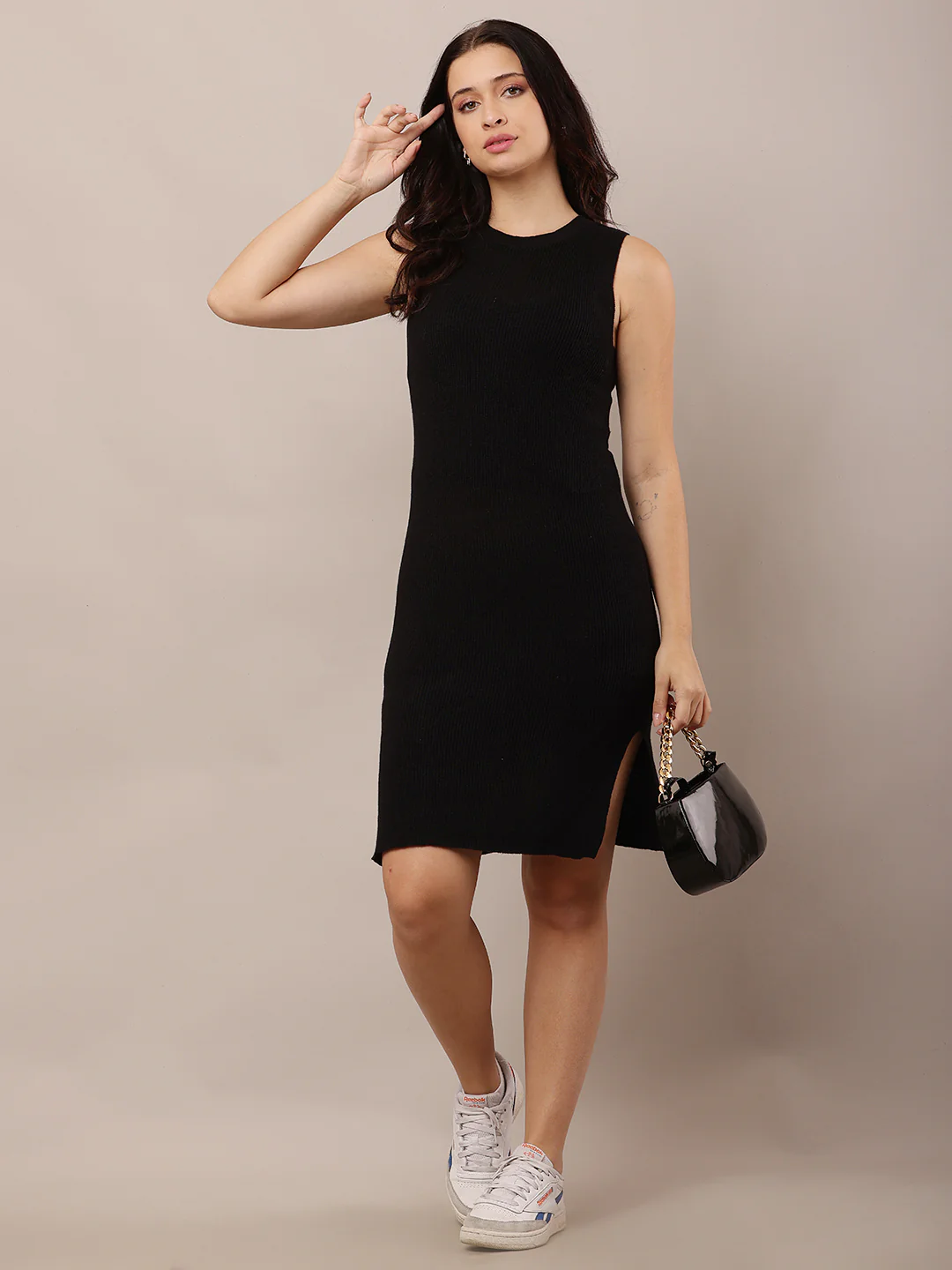 Women Black Ribbed Shift Dress - Image 2