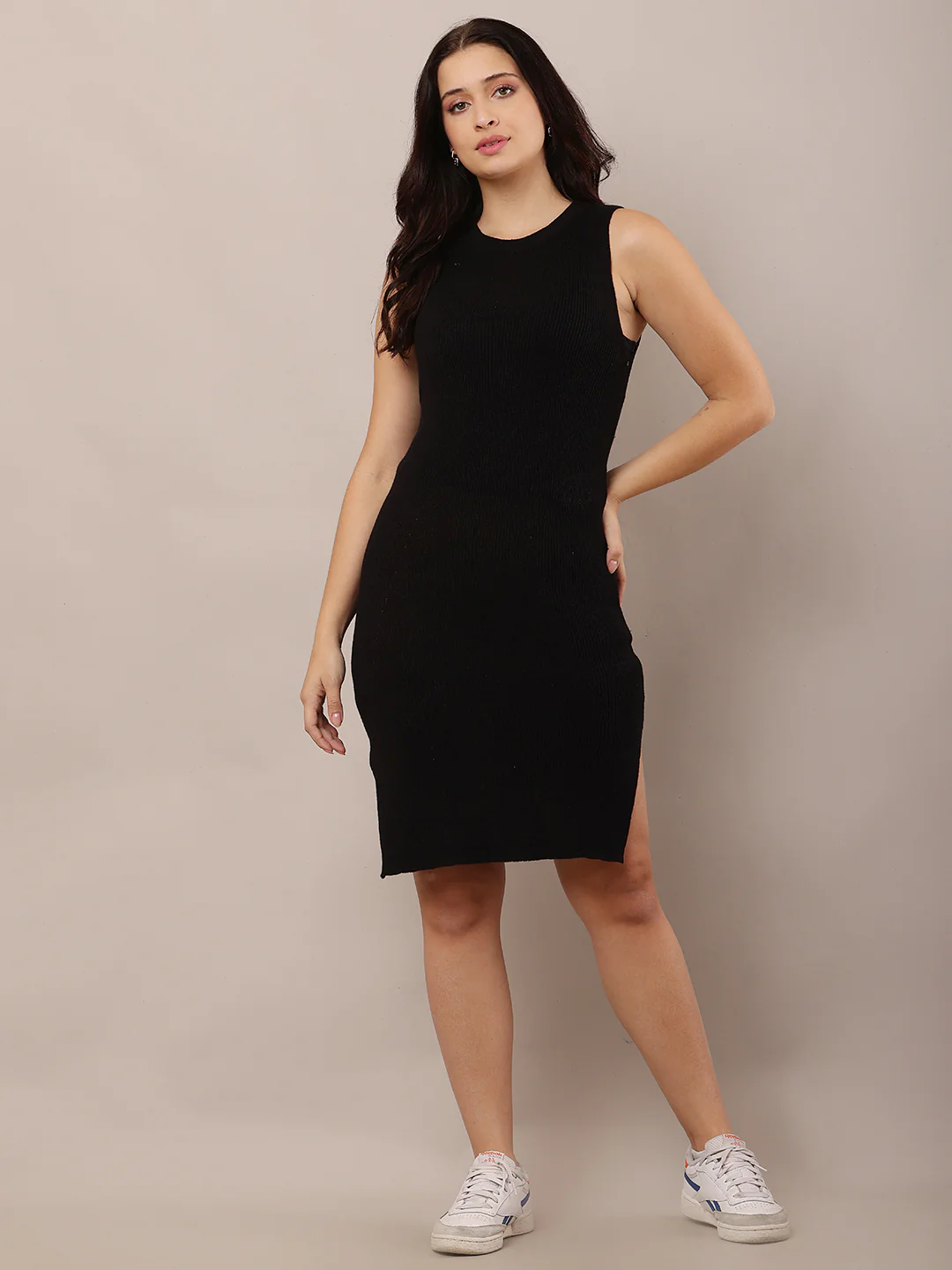 Women Black Ribbed Shift Dress - Image 3