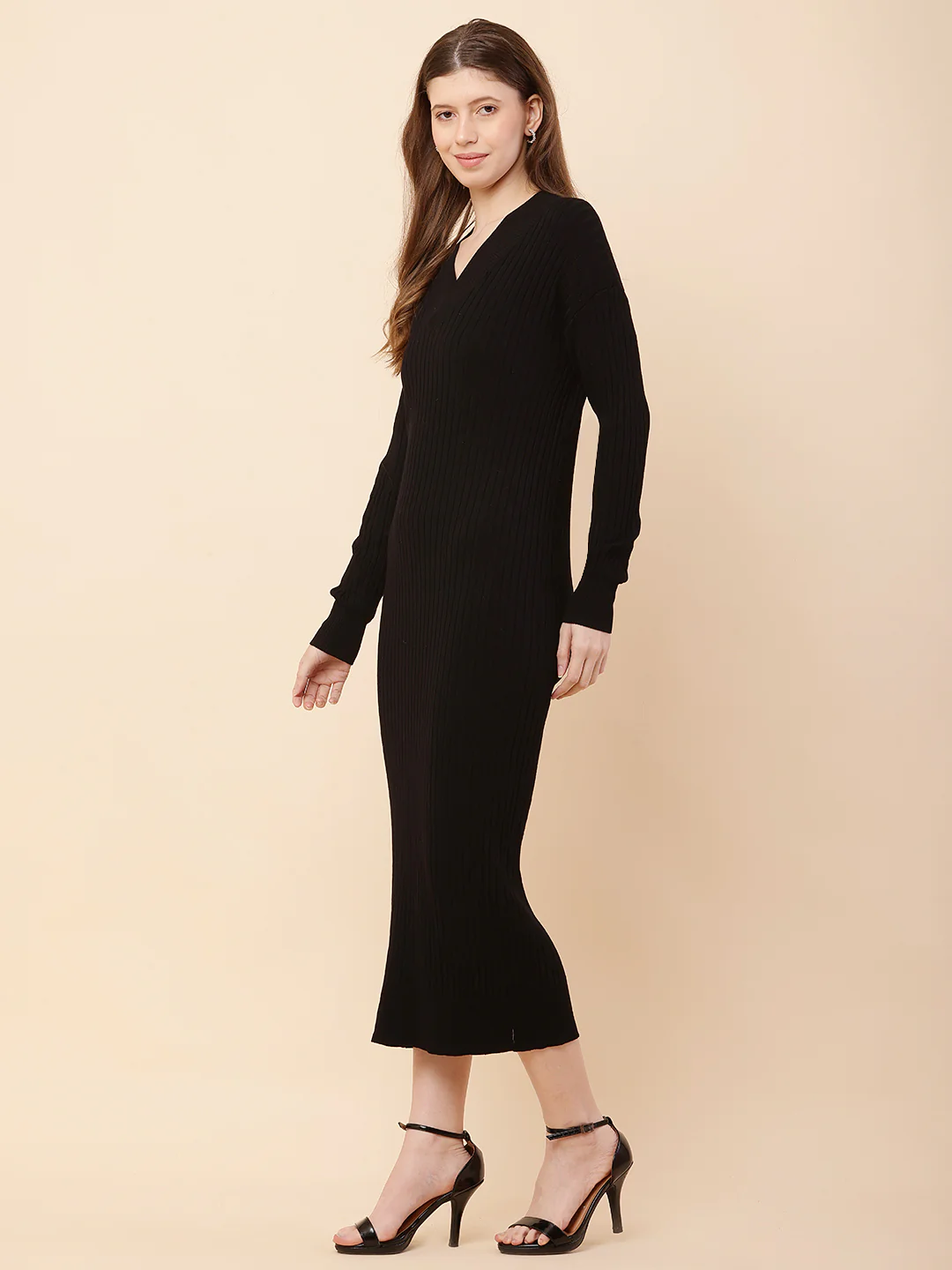 Women Black Ribbed V-neck Bodycon Dress - Image 2
