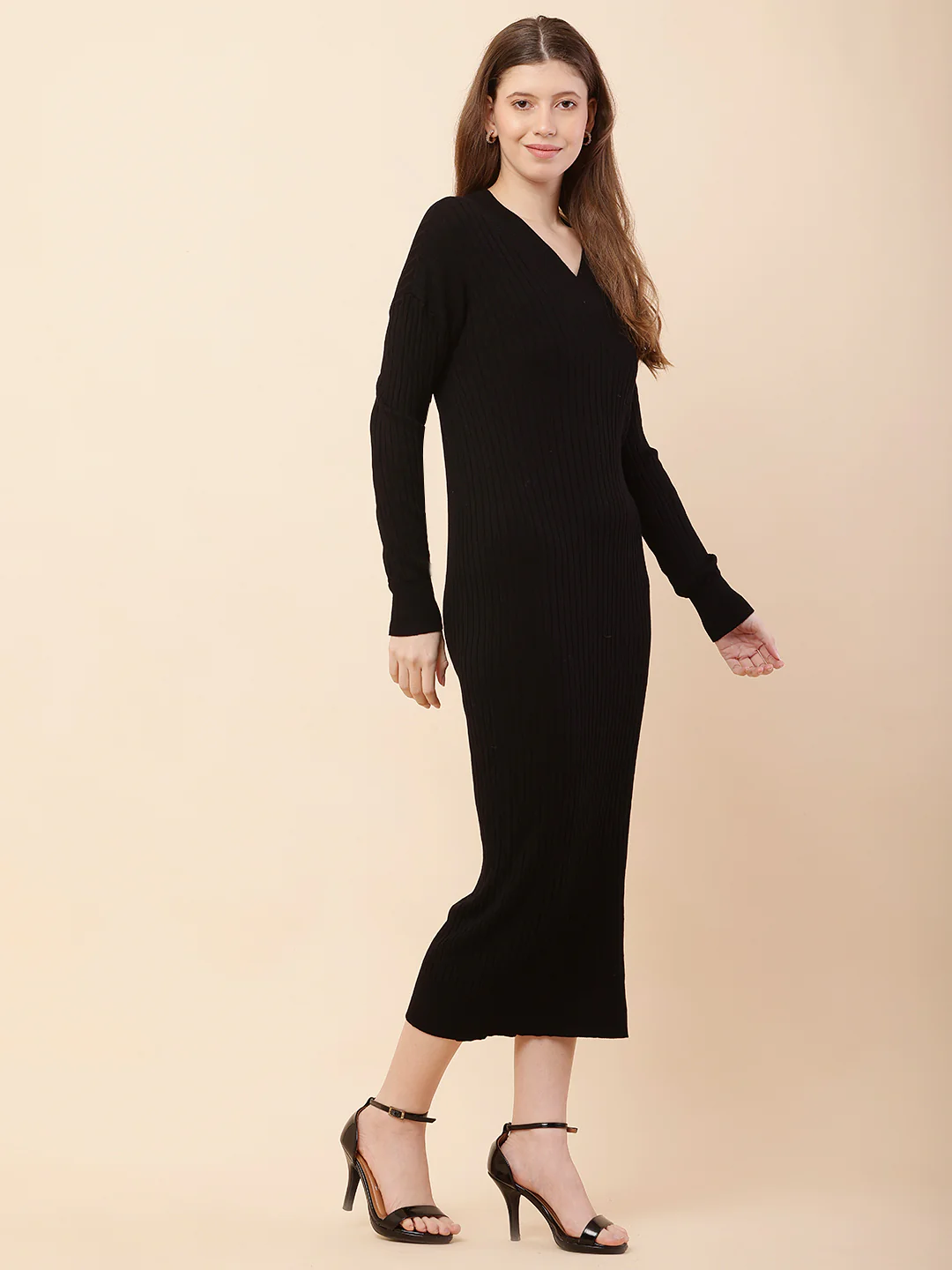 Women Black Ribbed V-neck Bodycon Dress - Image 3