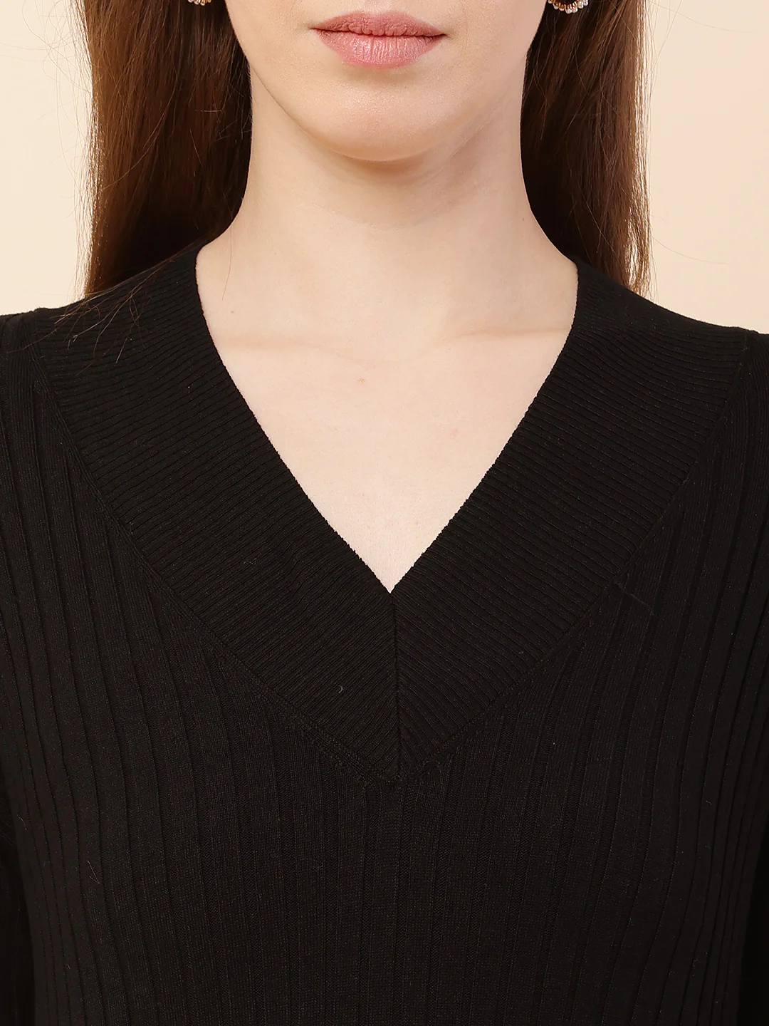 Women Black Ribbed V-neck Bodycon Dress - Image 5