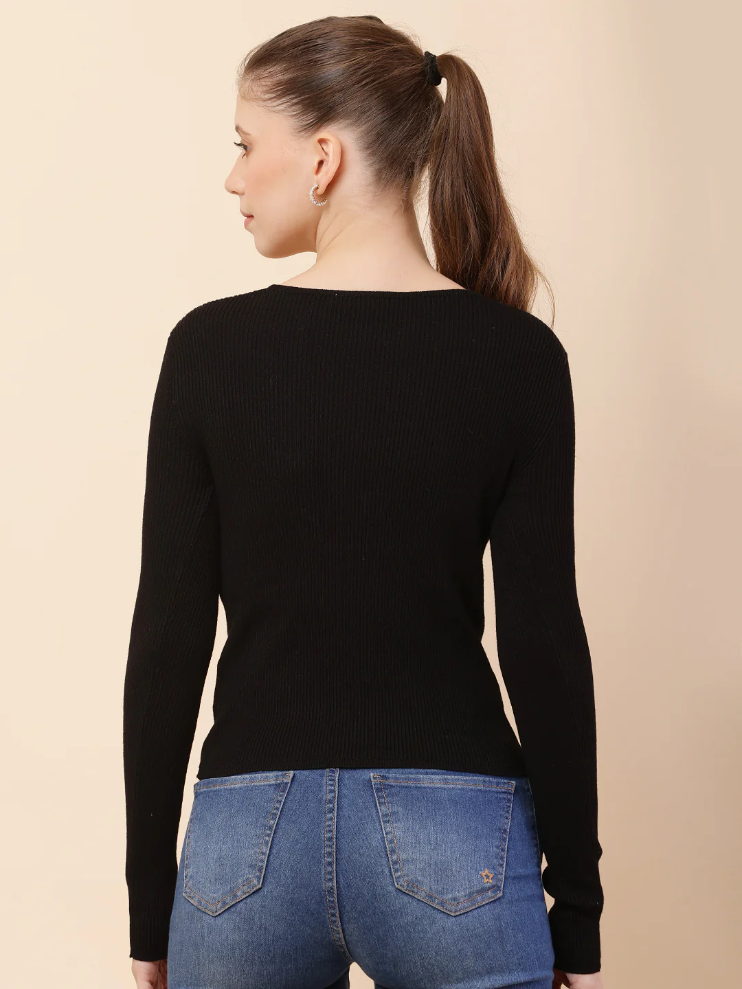 Women Black Ribbed V-neck Top - Image 4