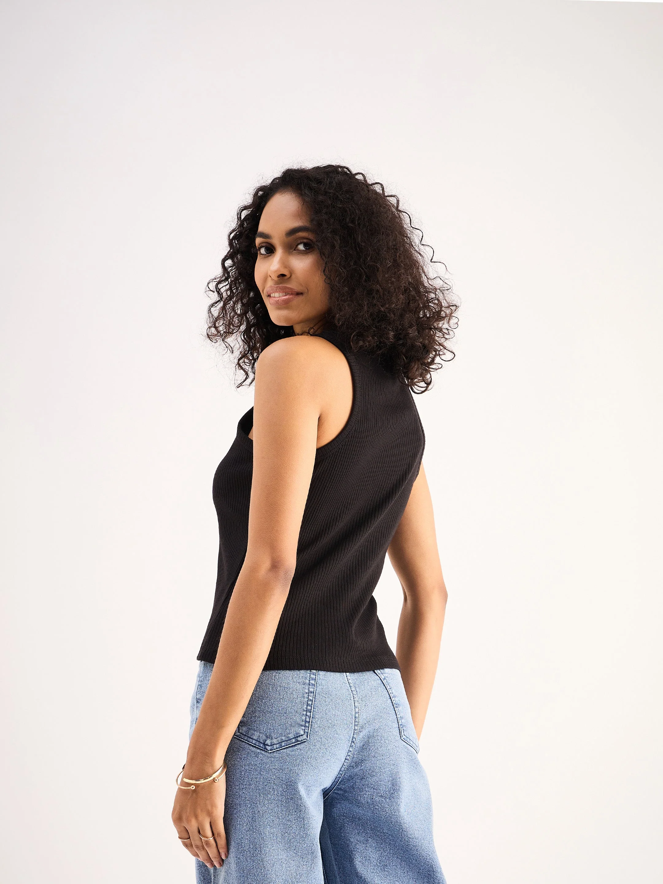 Women Black Ribbed Vest Top - Image 2