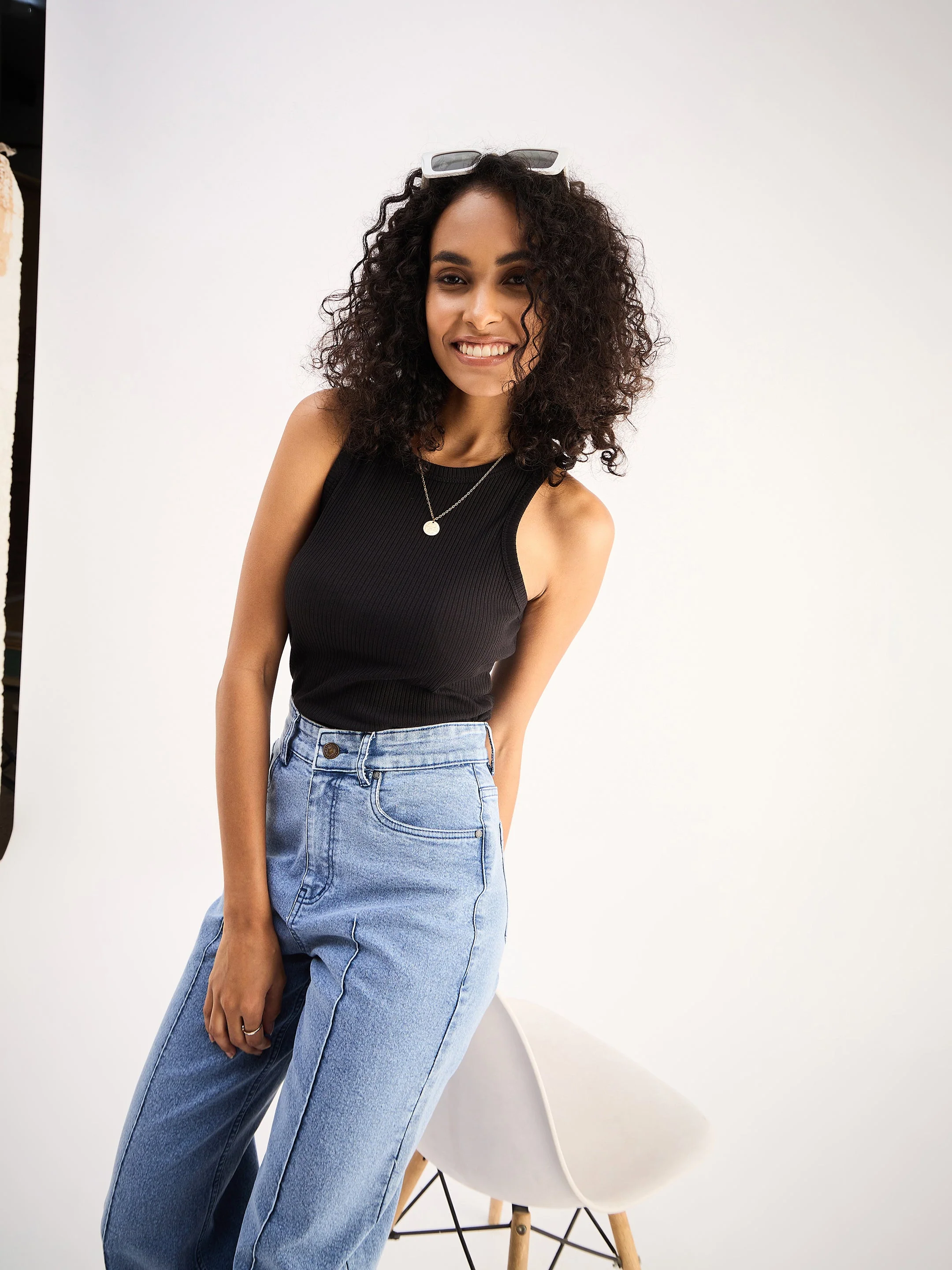 Women Black Ribbed Vest Top - Image 4