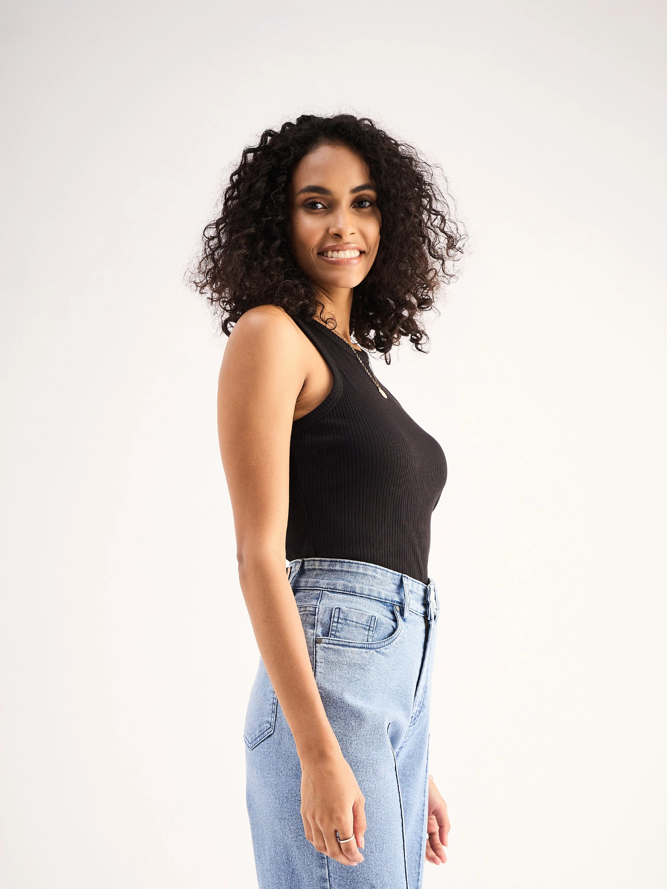 Women Black Ribbed Vest Top - Image 5