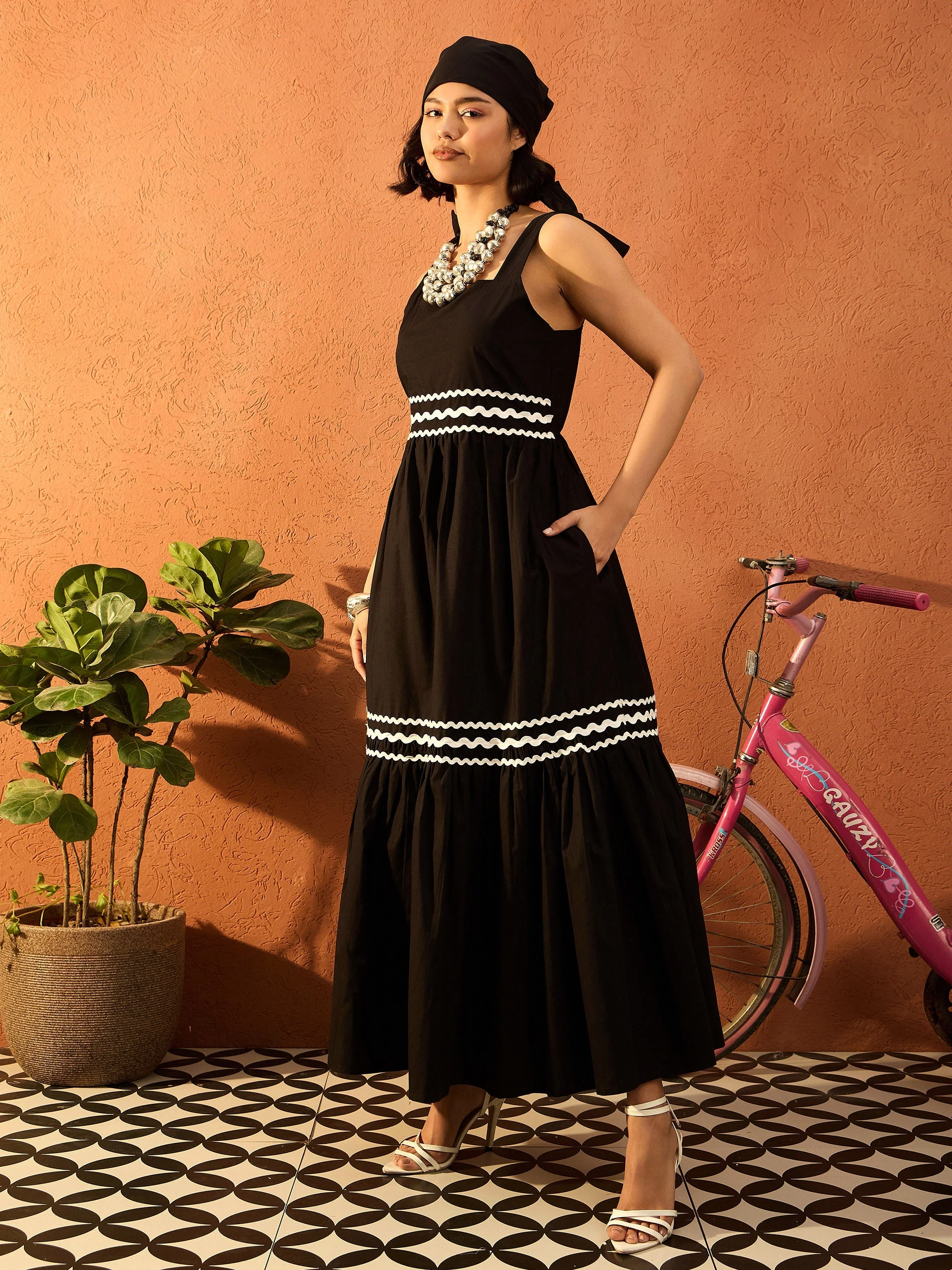 Women Black Ric Rac Lace Strappy Tiered Midi Dress - Image 5