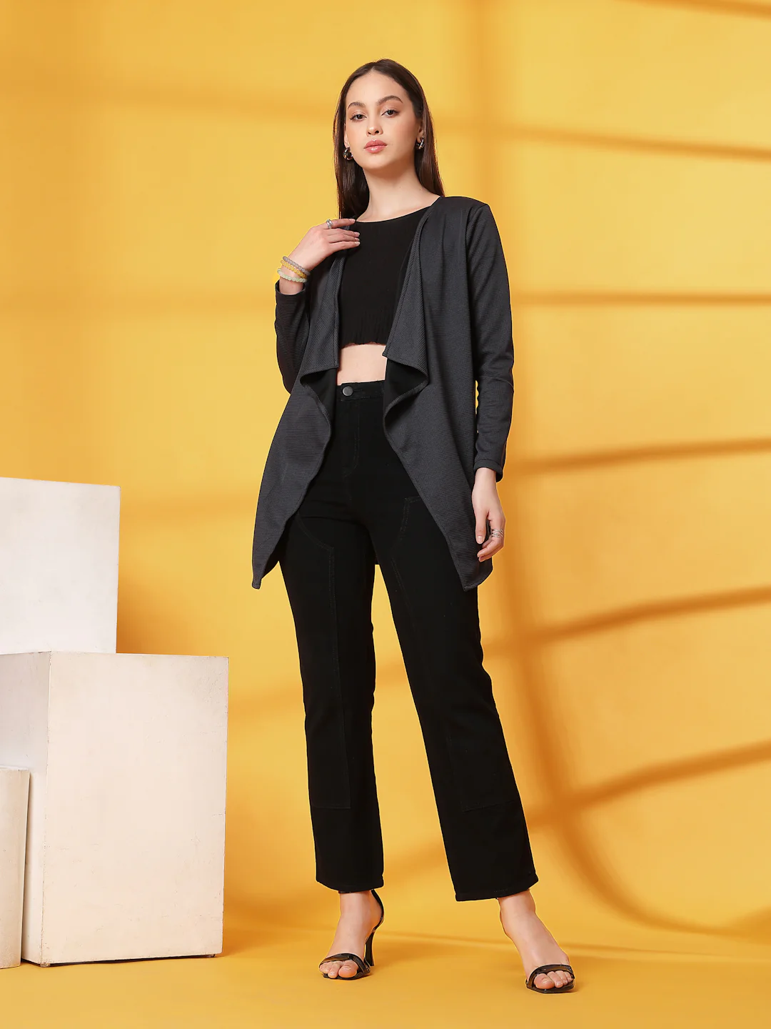 Women Black Ruffle Waffle Shrug - Image 2