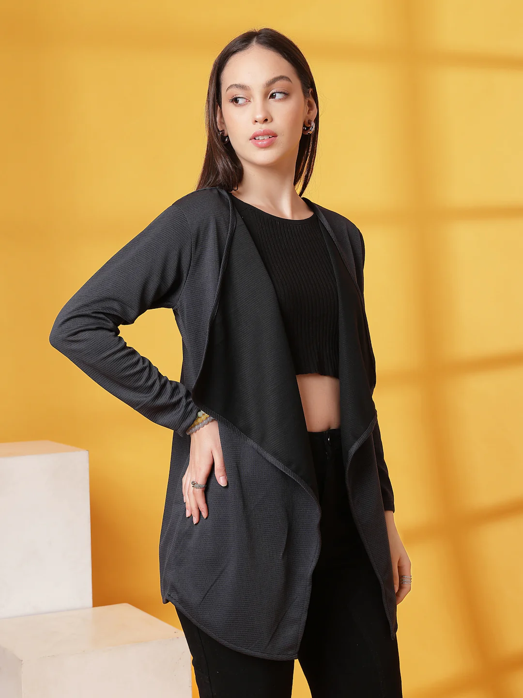 Women Black Ruffle Waffle Shrug - Image 4