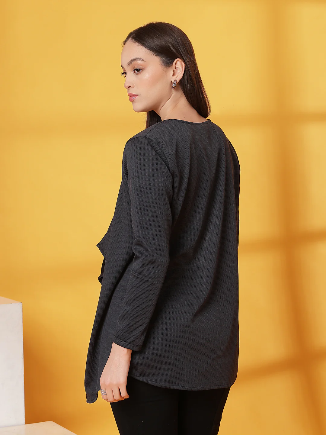 Women Black Ruffle Waffle Shrug - Image 5