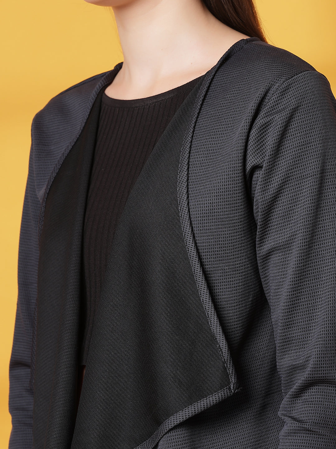 Women Black Ruffle Waffle Shrug - Image 6
