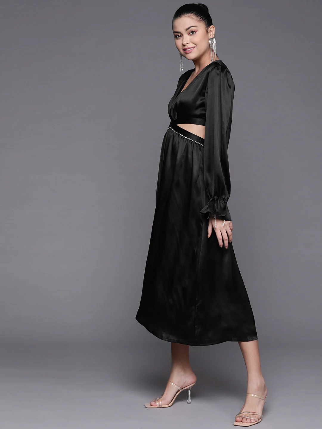 Women Black Satin Cut Out Midi Dress - Image 3