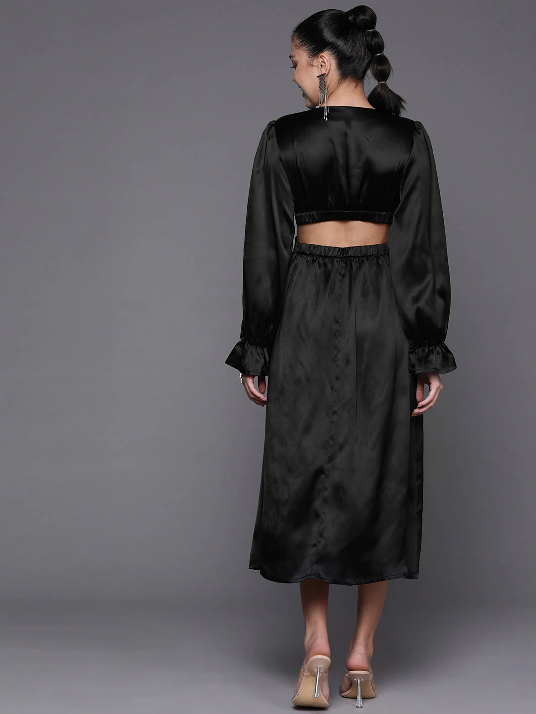 Women Black Satin Cut Out Midi Dress - Image 4