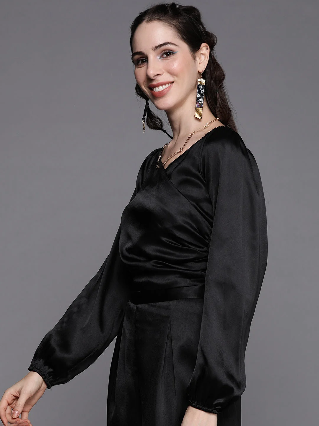 Women Black Satin Gathered Crop Bustier Top - Image 3