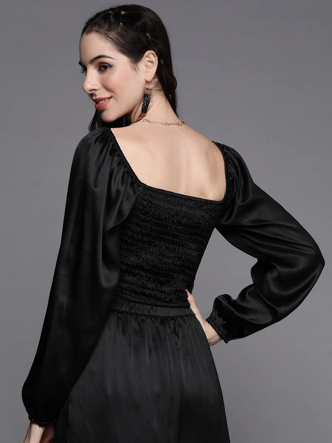 Women Black Satin Gathered Crop Bustier Top - Image 4