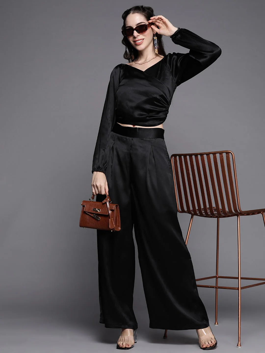 Women Black Satin Gathered Crop Bustier Top - Image 5