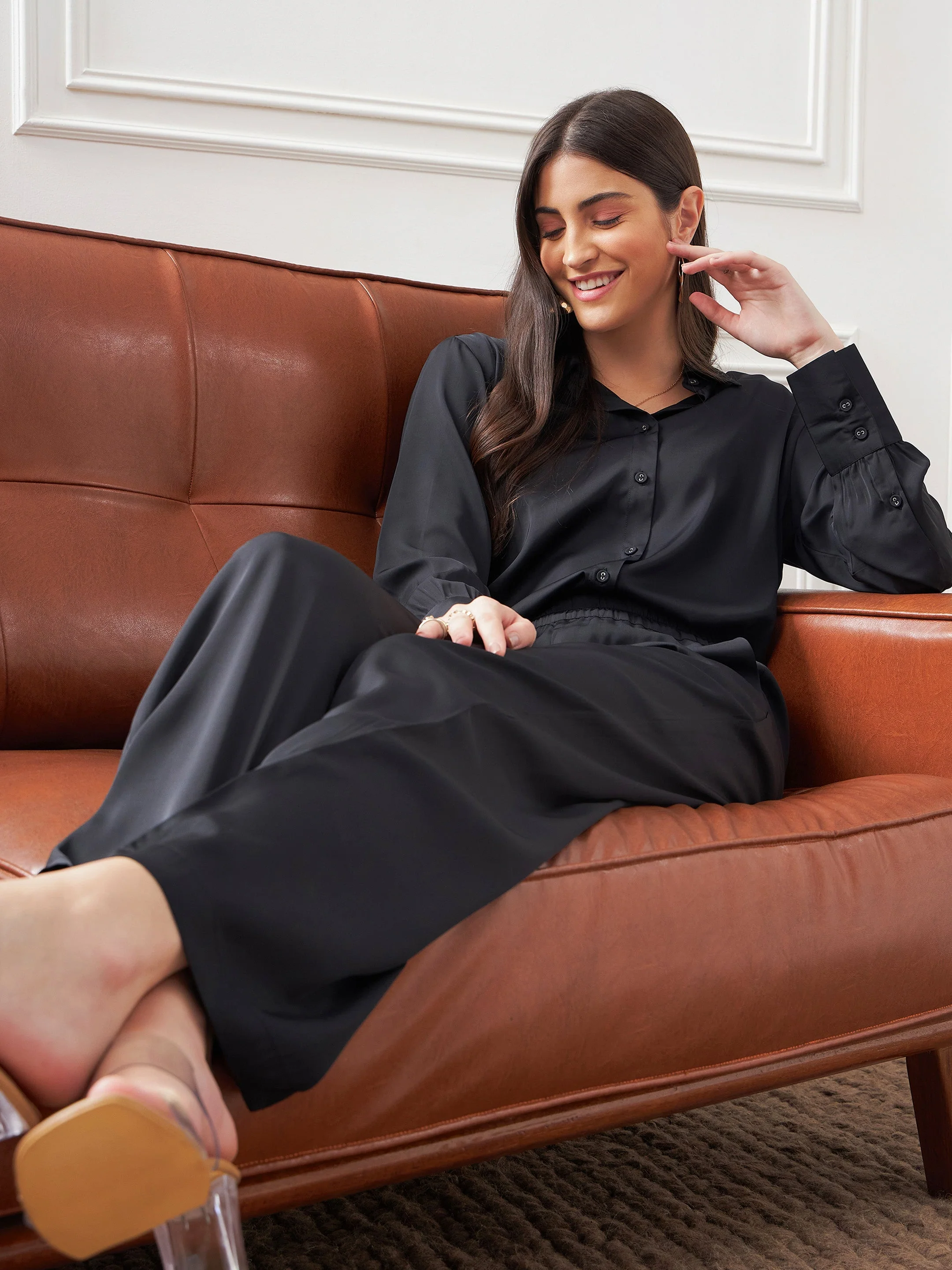 Women Black Satin Shirt With Lounge Pants - Image 2