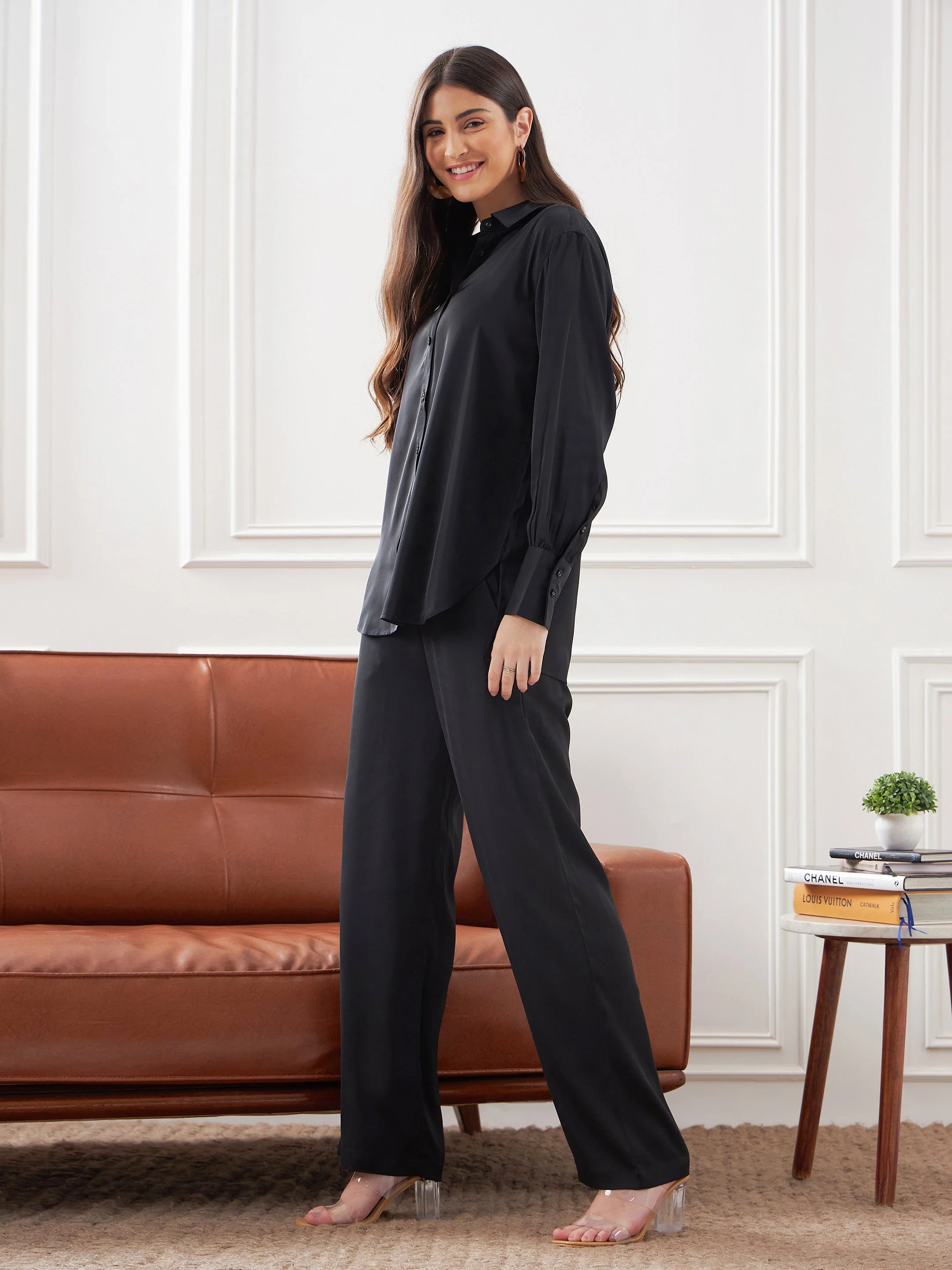 Women Black Satin Shirt With Lounge Pants - Image 3