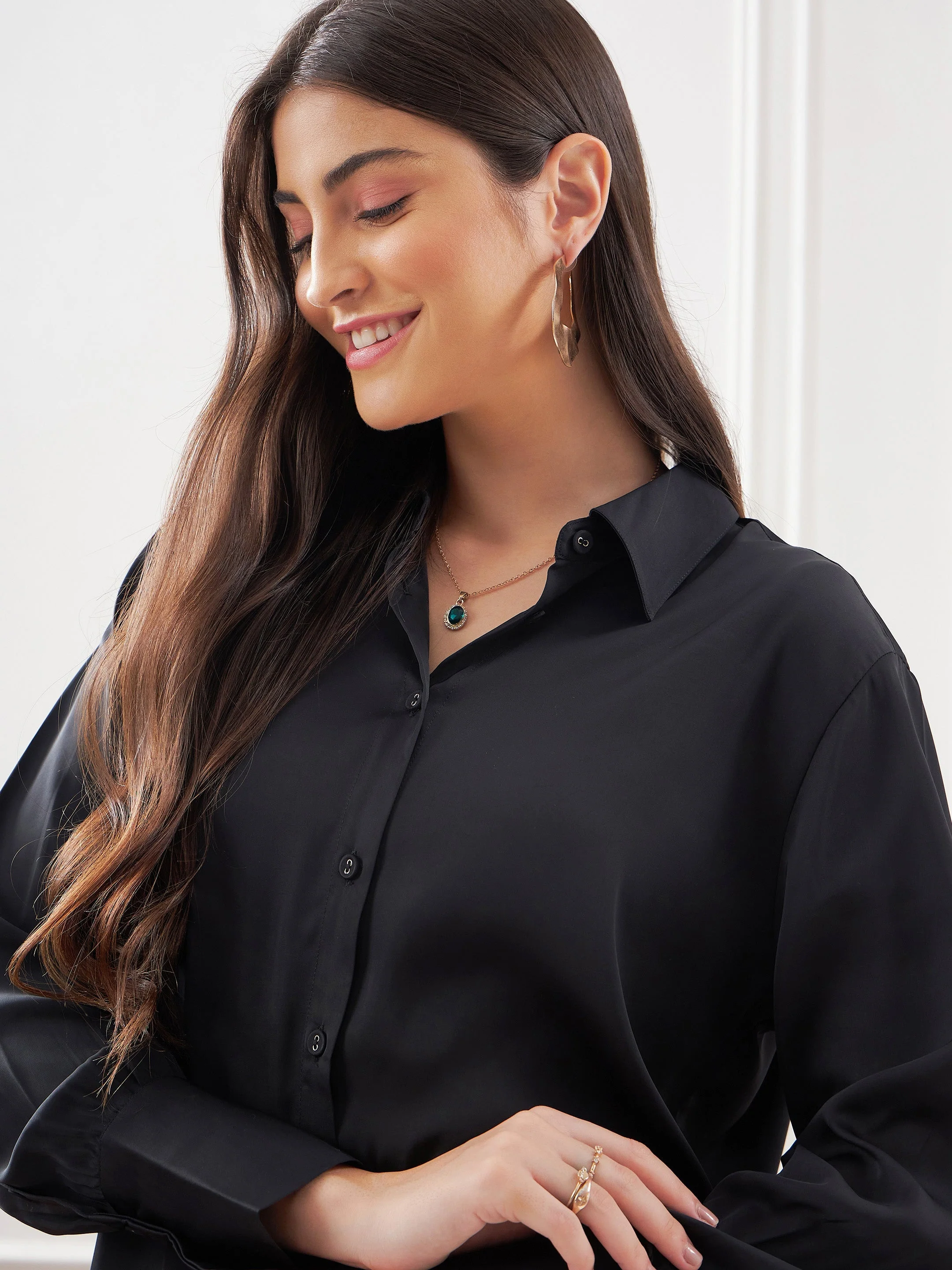 Women Black Satin Shirt With Lounge Pants - Image 4