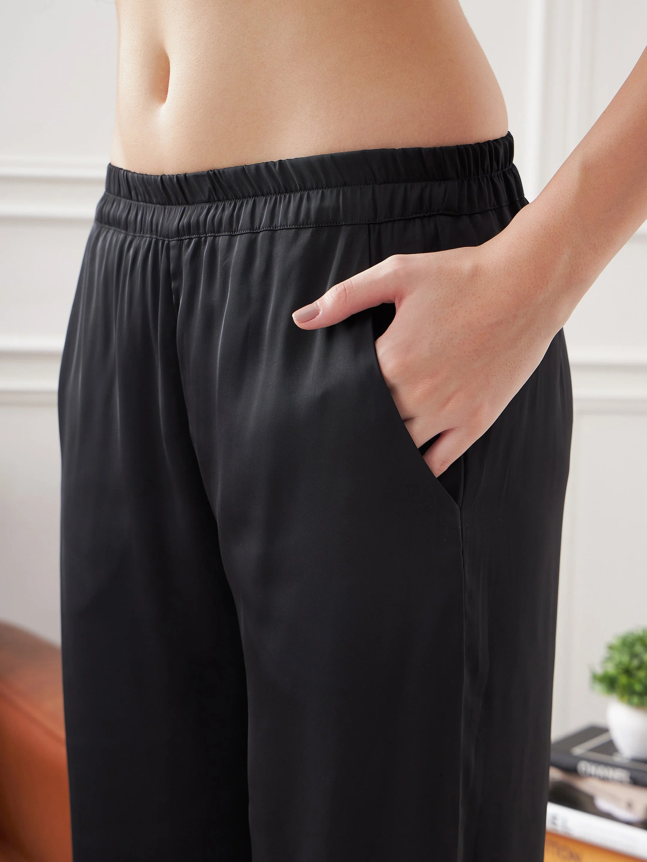 Women Black Satin Shirt With Lounge Pants - Image 5