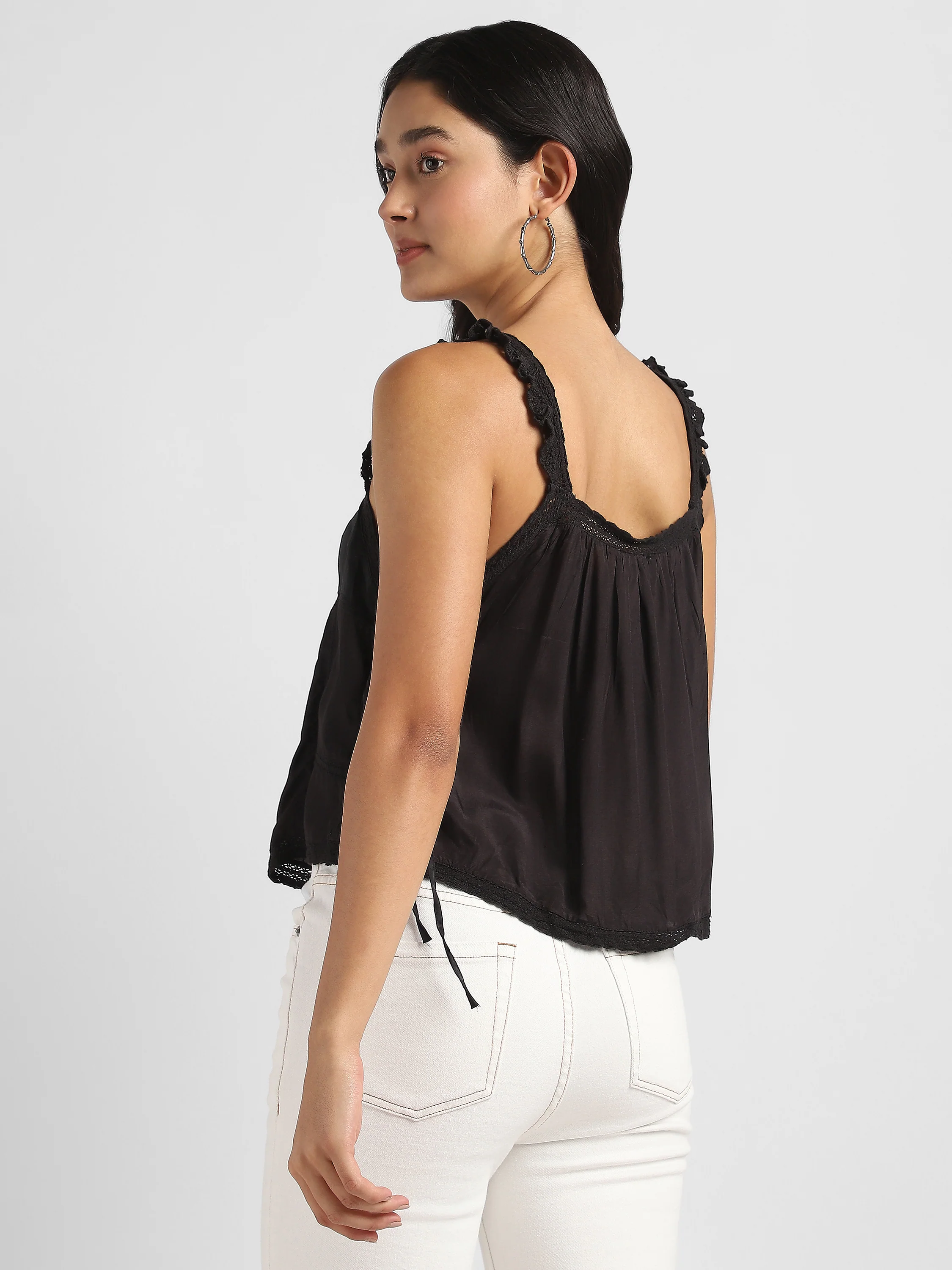 Women Black Satin Top with Lace Inserts - Image 2